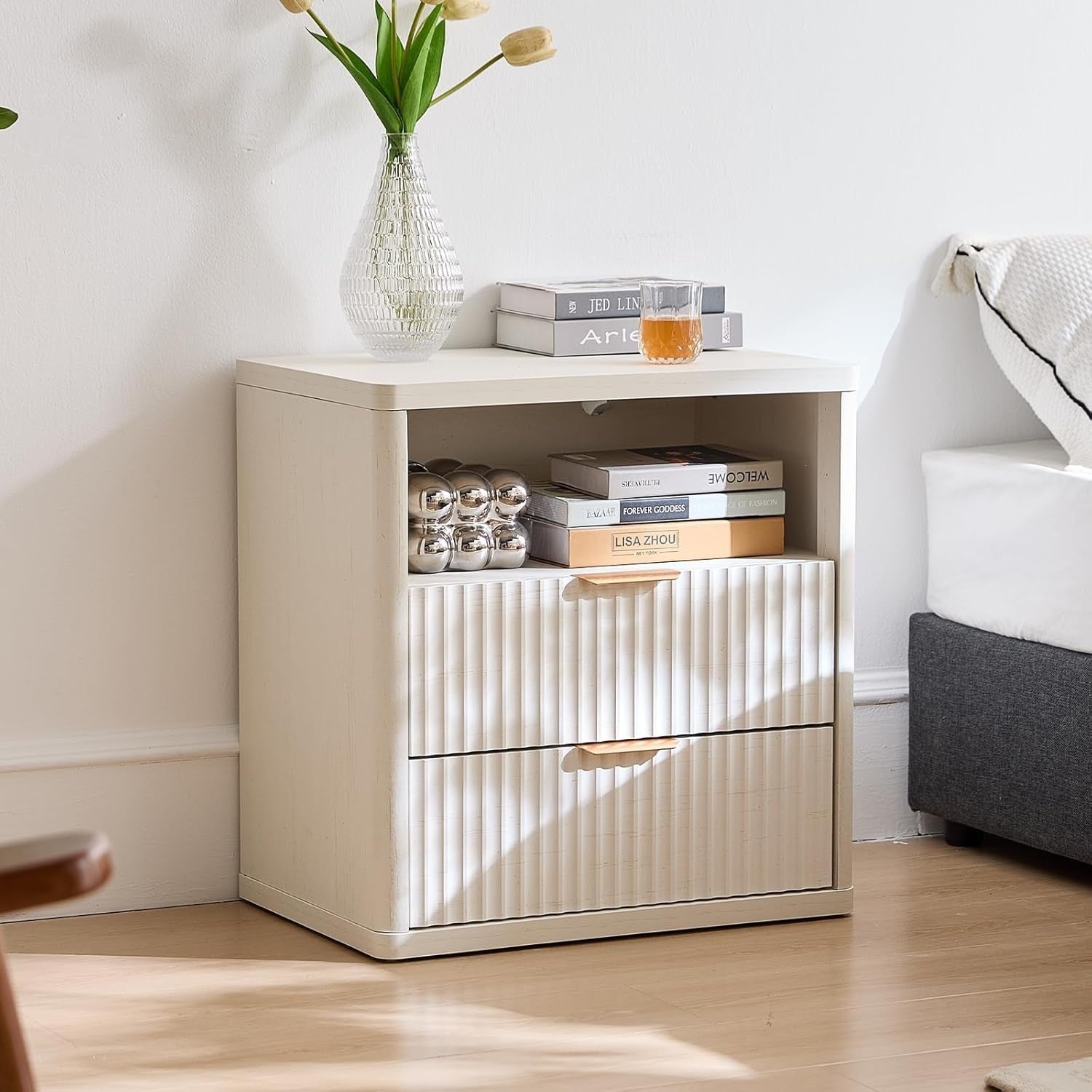 White Fluted Bedside Table with 2 Drawers Modern Nightstand Storage Cabinet