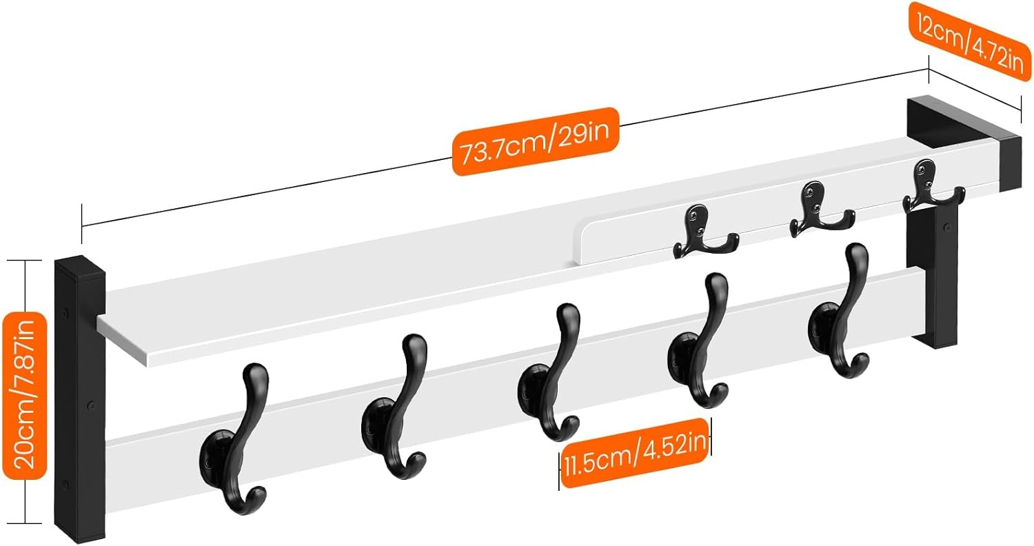 White Wall Coat Rack 29" Wood Shelf with Hooks & Key Holder Entryway Organizer
