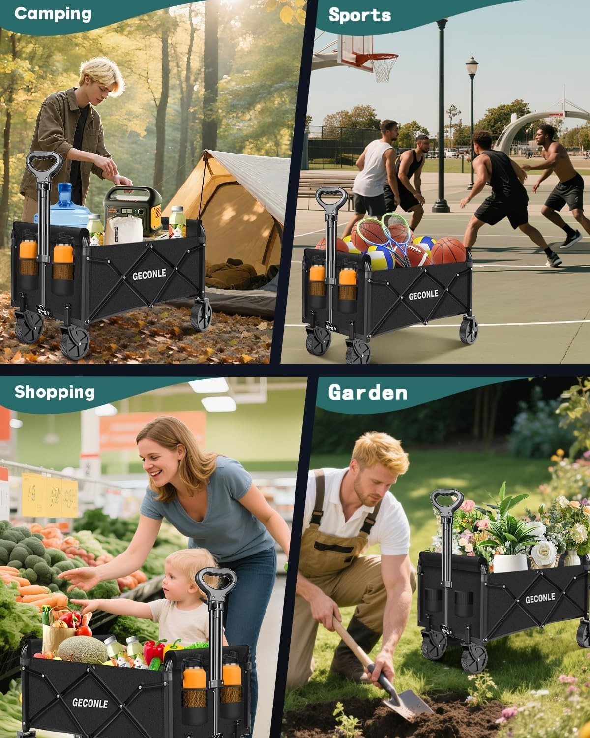 Black Folding Festival Trolley 100kg Garden Wagon Cart w/ Cup Holders & Wheels