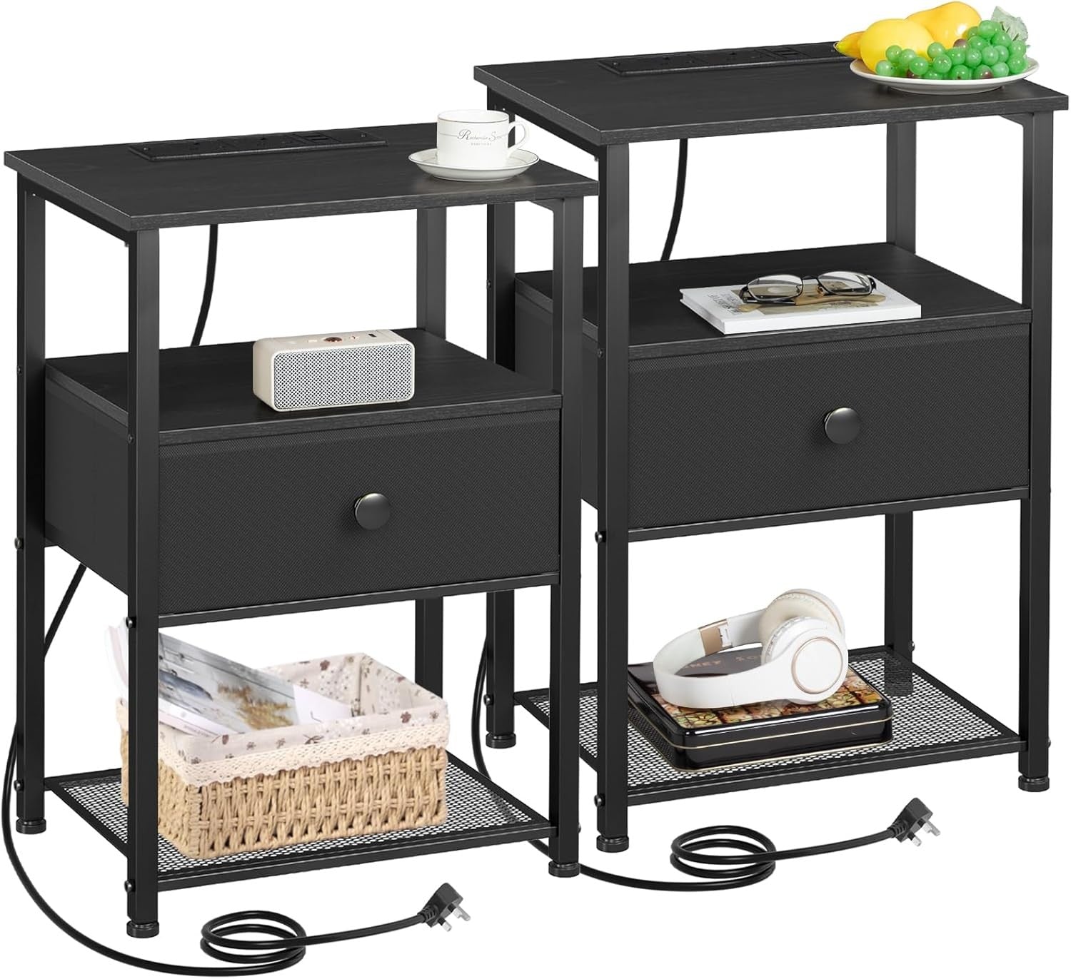 Set of 2 Bedside Tables with Charging Station, Fabric Drawer & Storage Shelf