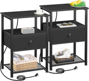 Set of 2 Bedside Tables with Charging Station, Fabric Drawer & Storage Shelf