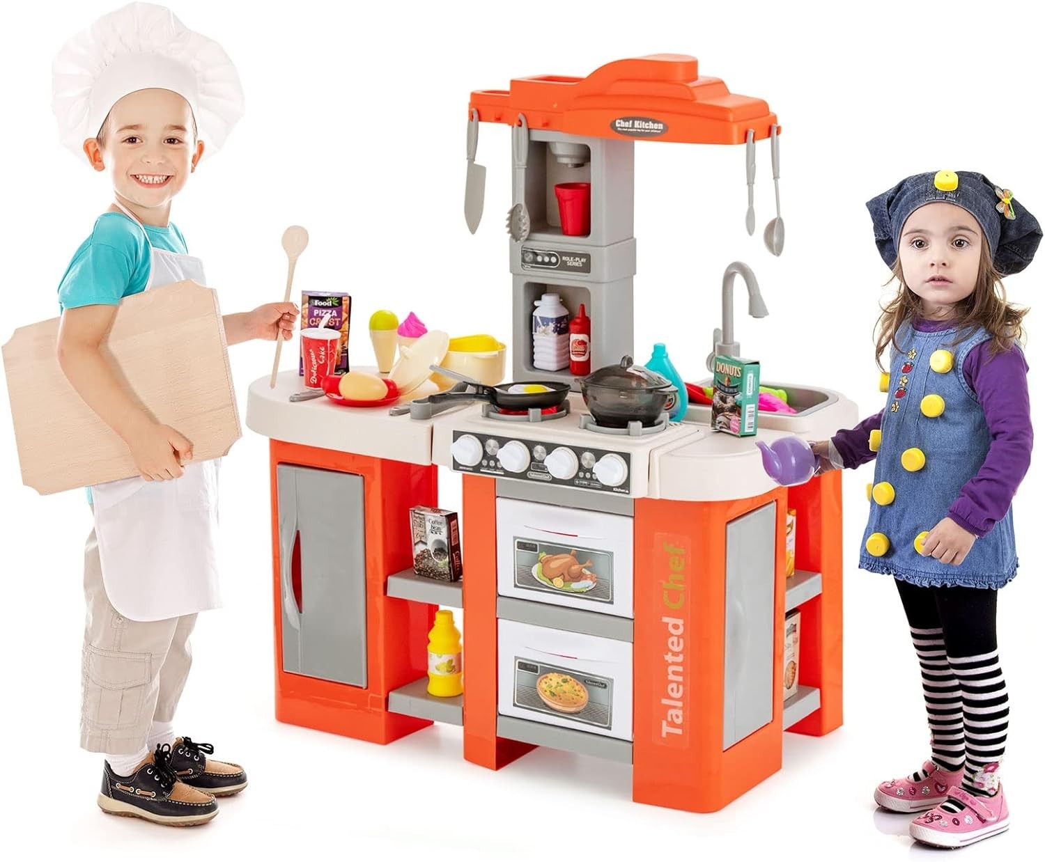 Kids Play Kitchen Orange w/ Lights Sounds Running Water Steam Set