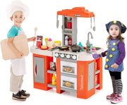 Kids Play Kitchen Orange w/ Lights Sounds Running Water Steam Set