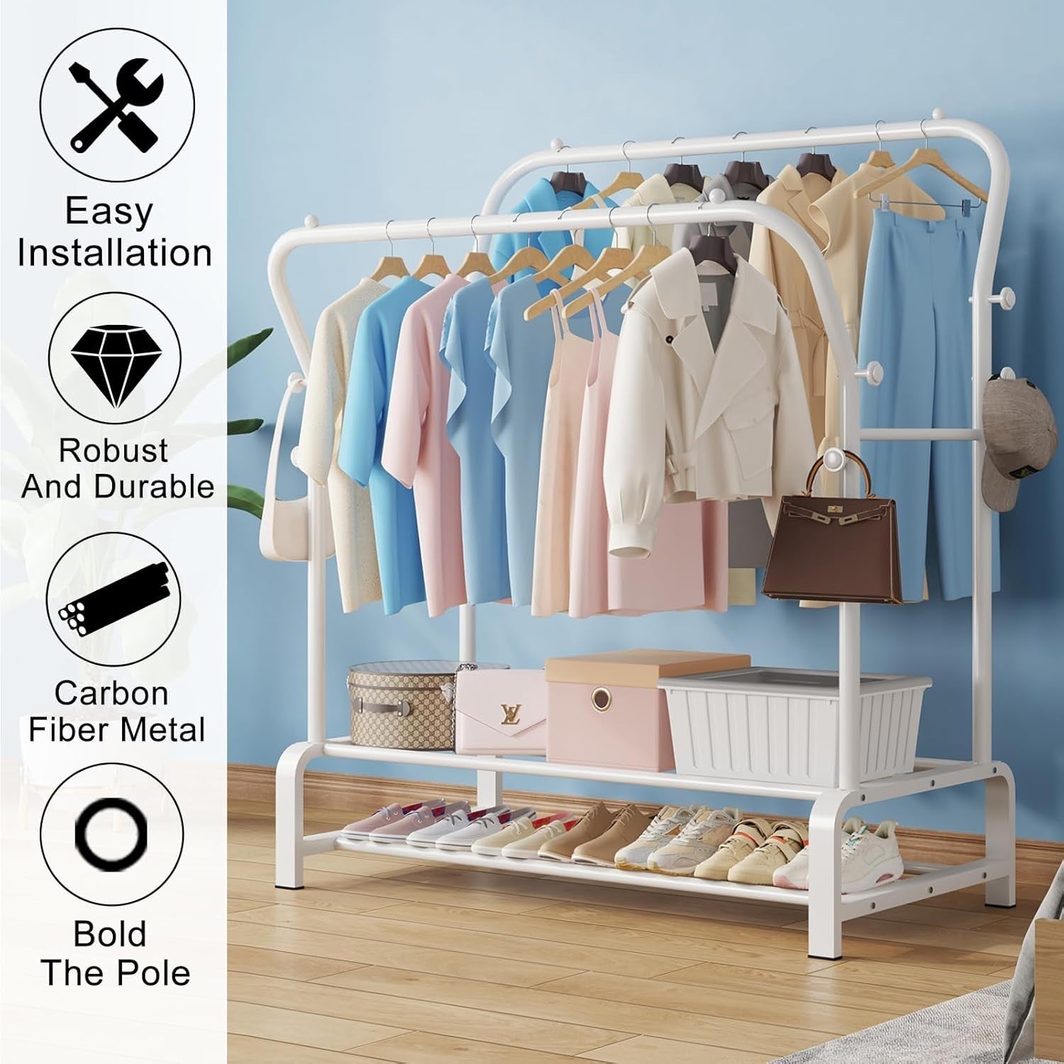 Heavy Duty White Metal Clothes Rail Double Rack with Hooks & Shelves