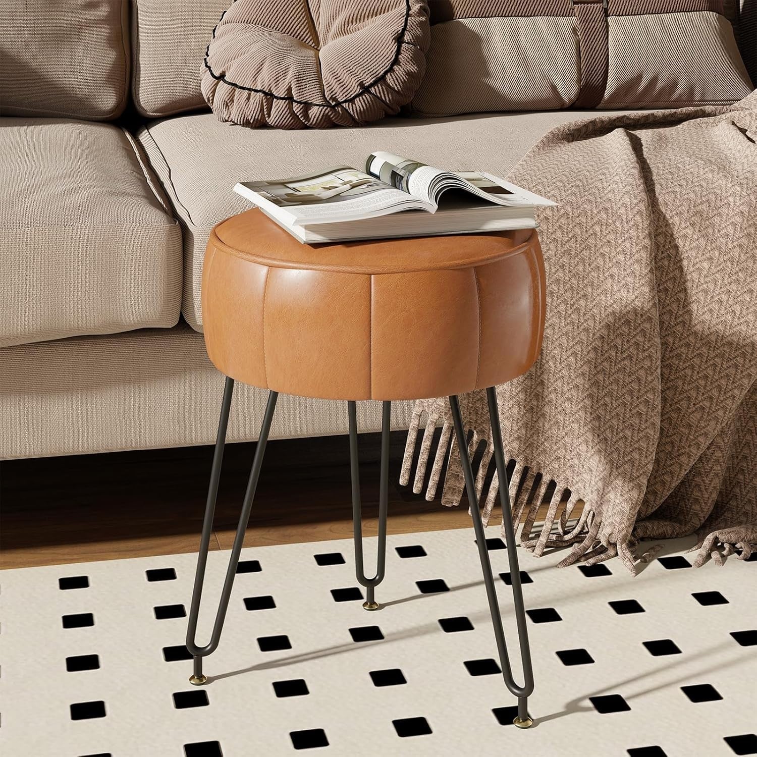 Orange Faux Leather Pumpkin Vanity Stool Round Modern Footrest Seat