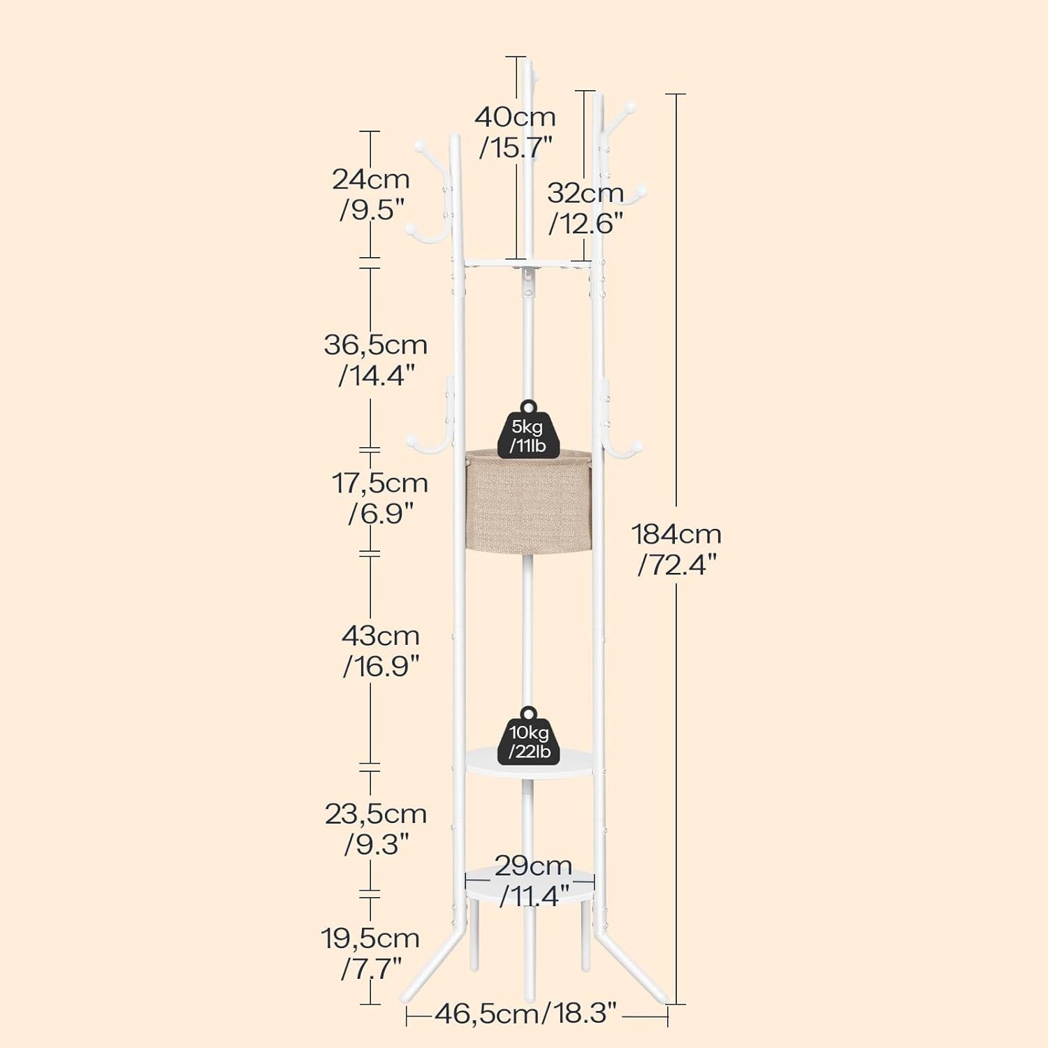 White Coat Rack with Shelves | Freestanding Hall Tree Organizer Stand 184cm Tall