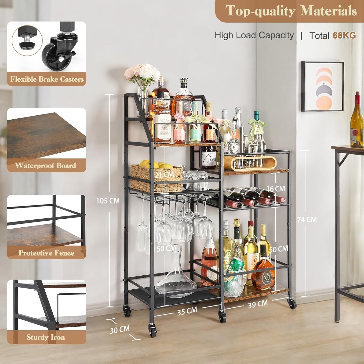 Rolling Bar Cart Drinks Trolley with Wine Rack & Glass Holder 3 Tier Storage