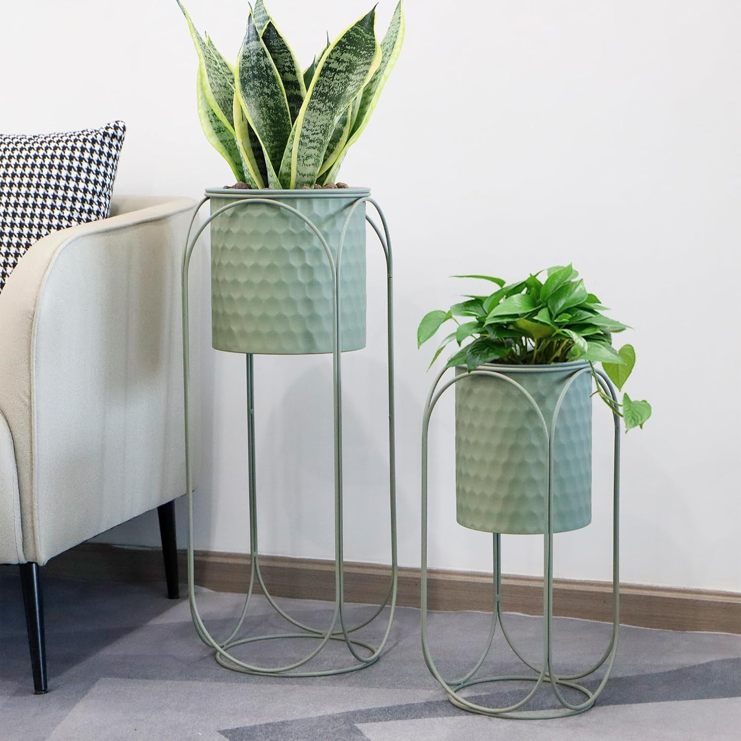 Set of 2 Tall Metal Plant Stands Indoor Outdoor Modern Flower Pots Green Decor