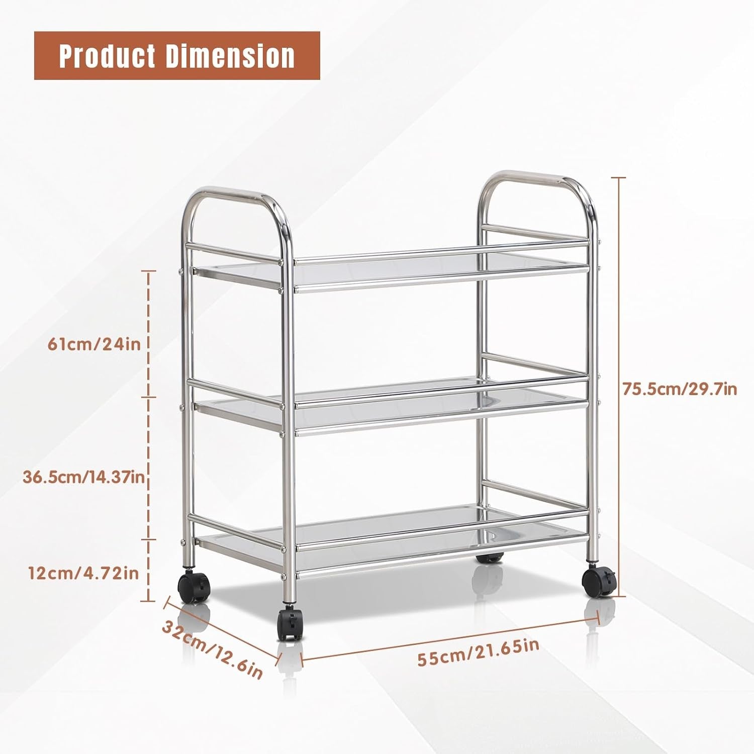 Heavy Duty Stainless Steel Utility Cart 3 Tier Rolling Storage Trolley