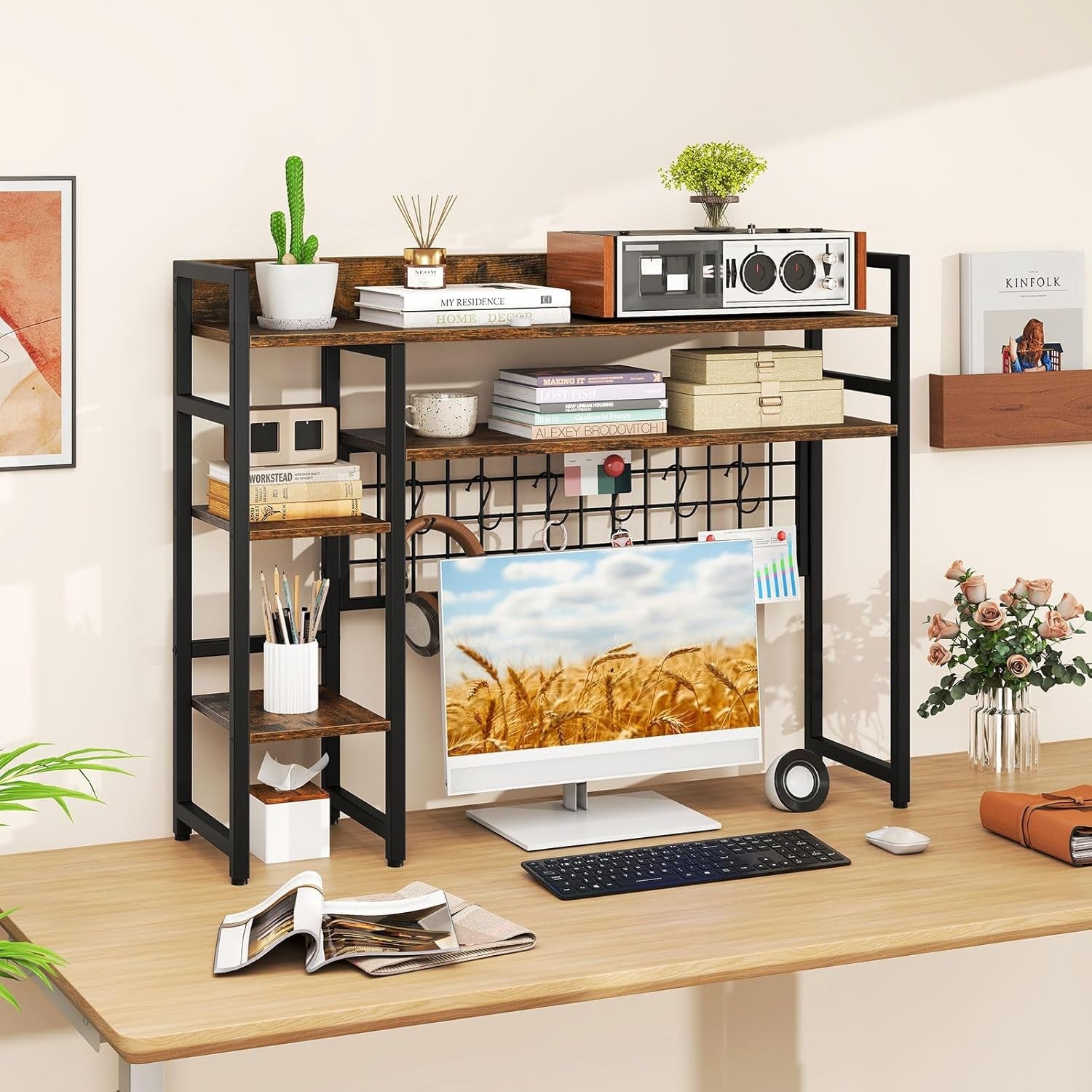 4-Tier Rustic Desktop Hutch Bookshelf Monitor Stand with Hooks Desk Organizer