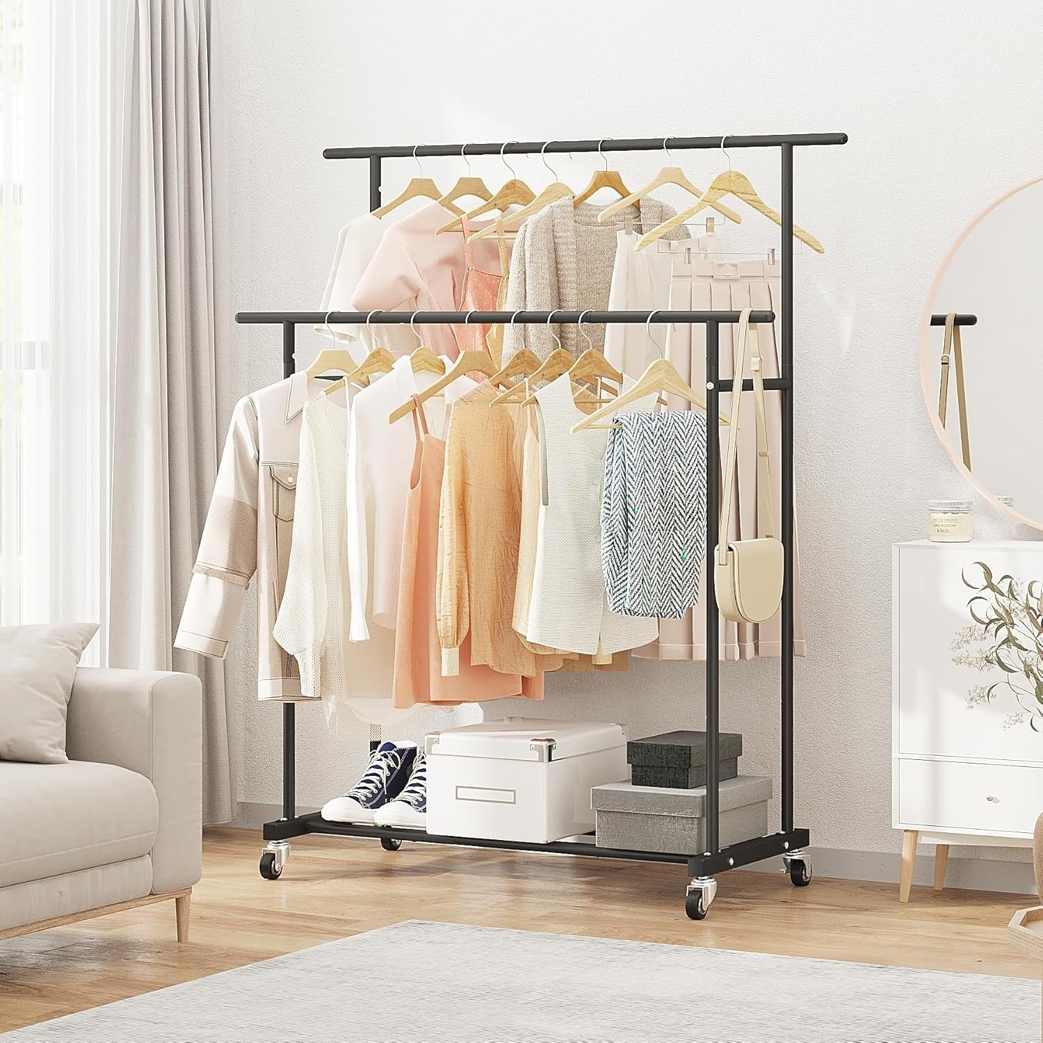 Black Double Rod Clothes Rack with Wheels & Storage Shelf
