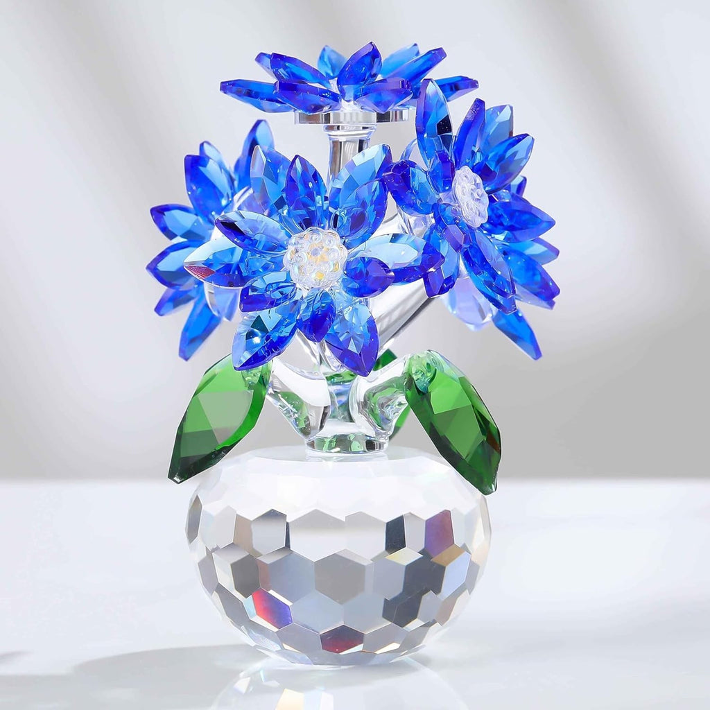 Crystal Sapphire Daisy Bouquet Ornament Blue Glass Flowers Gift Home Decor 10cm