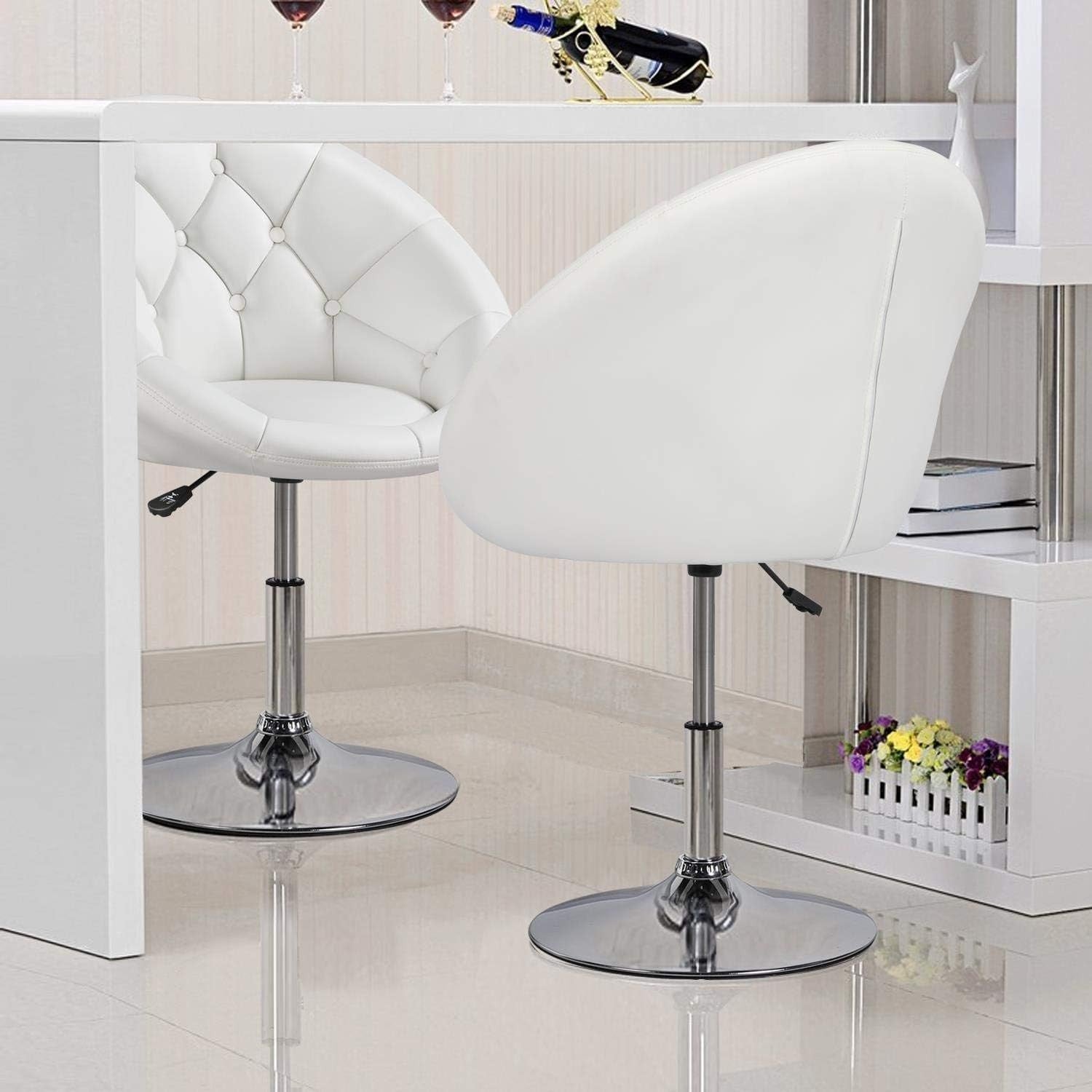 White PU Leather Swivel Vanity Chair Adjustable Tufted Armchair for Makeup