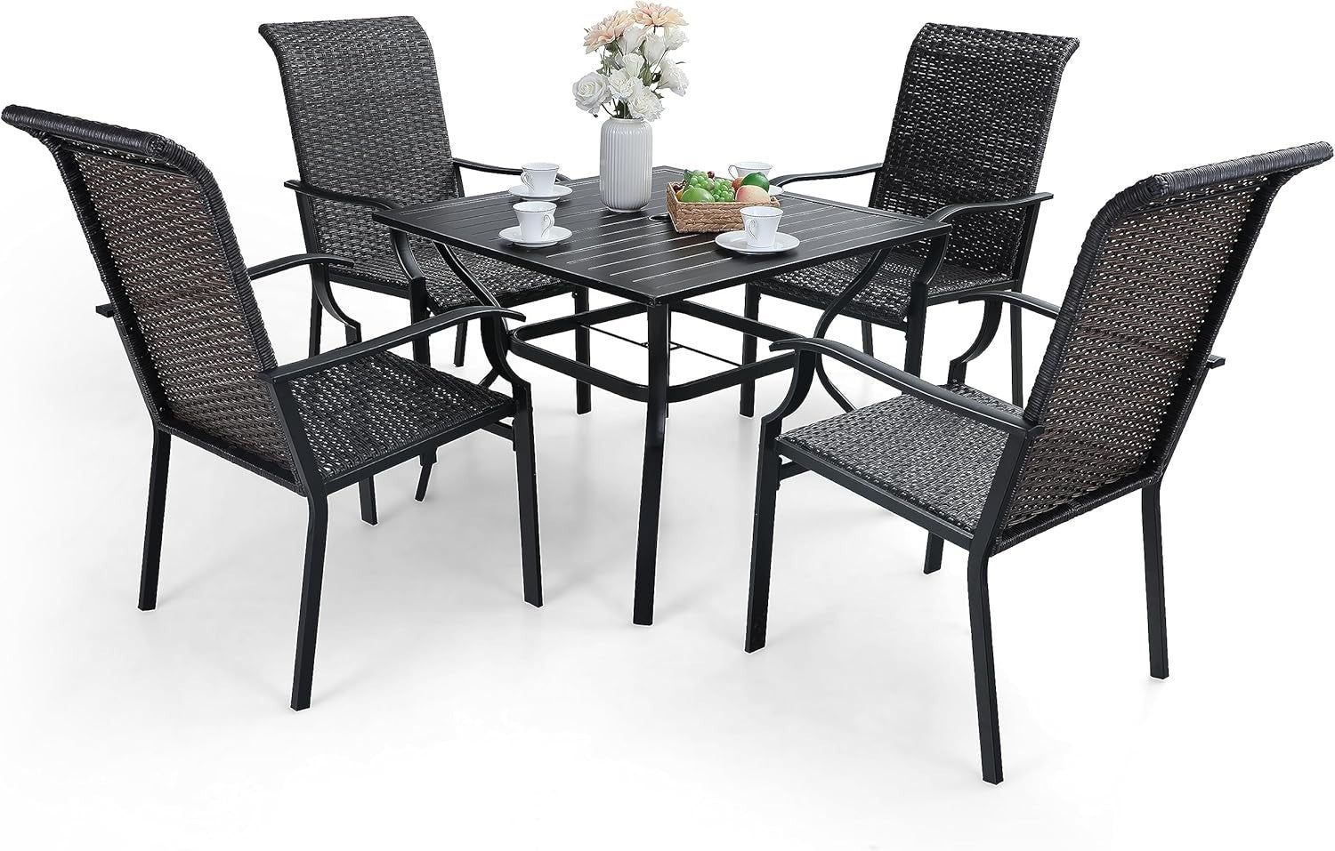 Outdoor 5-Piece Patio Dining Set with Metal Table & Rattan Chairs + Umbrella