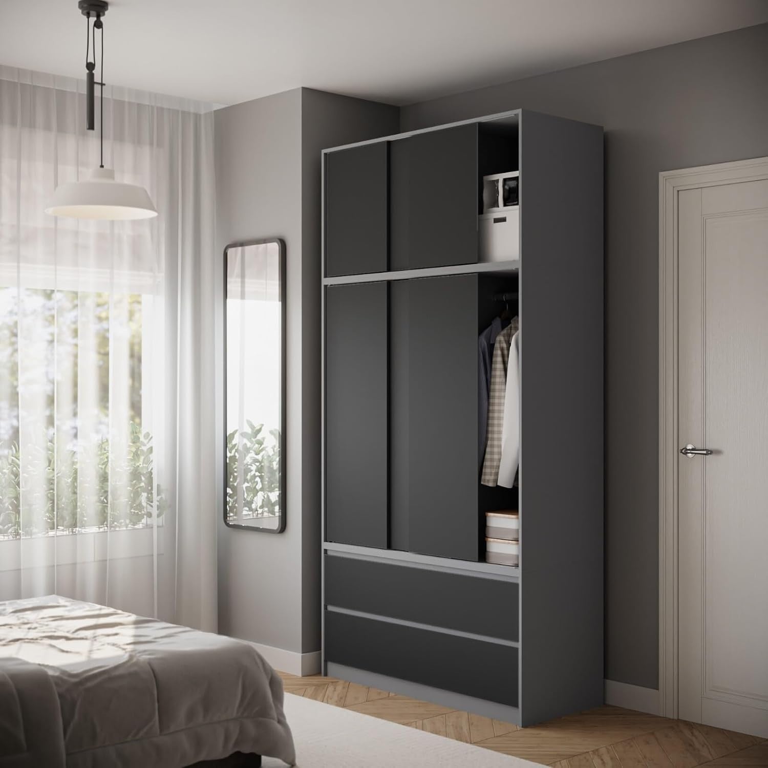 Grey Sliding Door Wardrobe 6 Doors 4 Drawers 240cm Modern Bedroom Closet