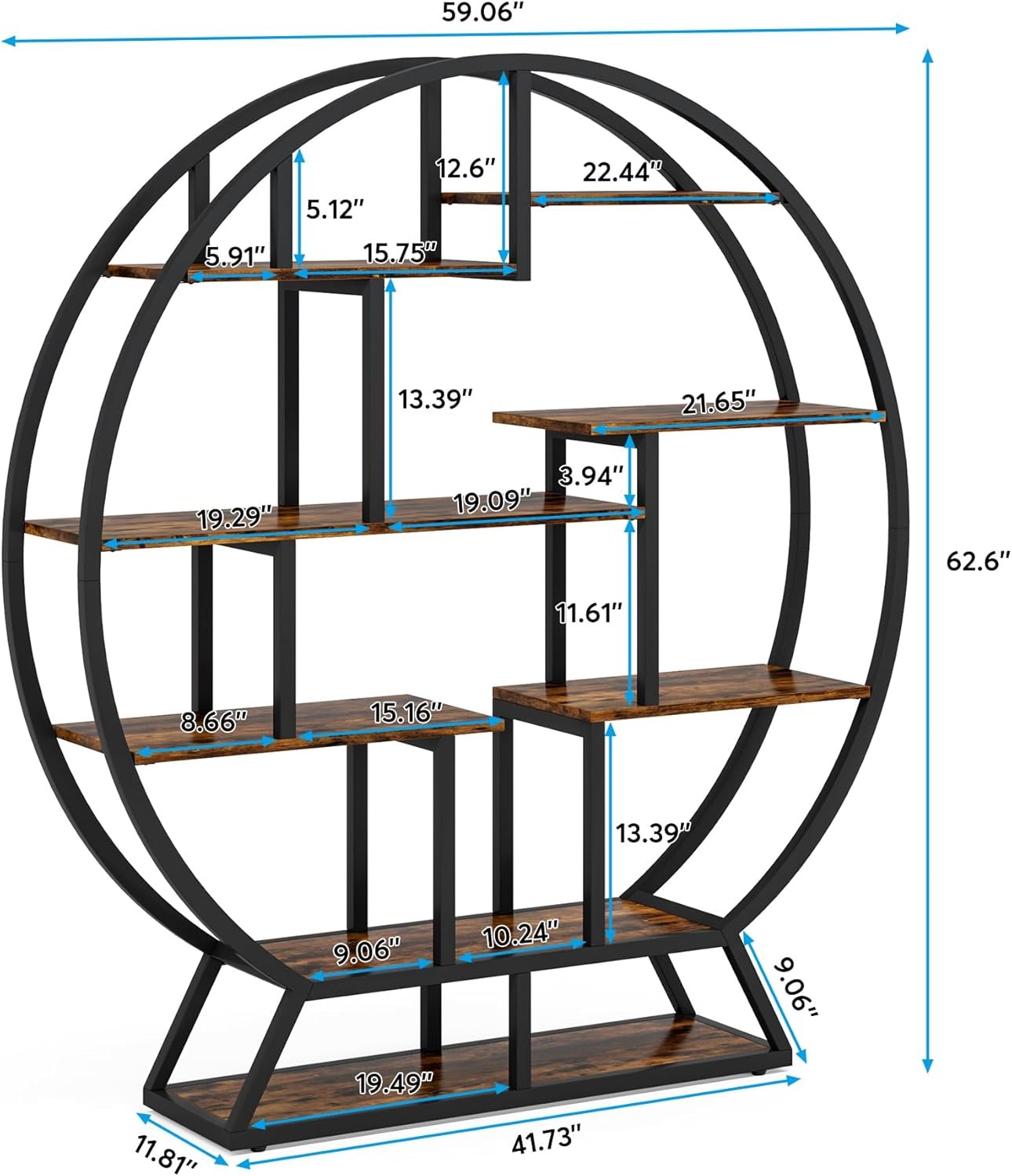 160cm Round Industrial Bookcase 5 Tier Metal Wood Display Shelf Organizer