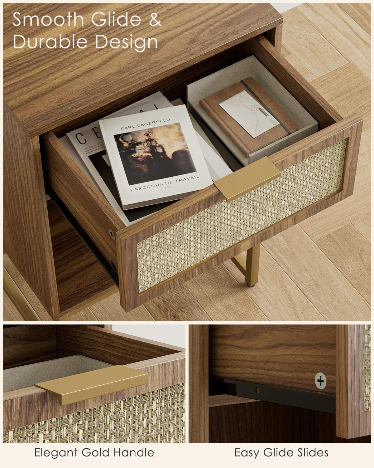 Modern Rattan Bedside Table with Drawer & Shelf – Walnut Wood Nightstand