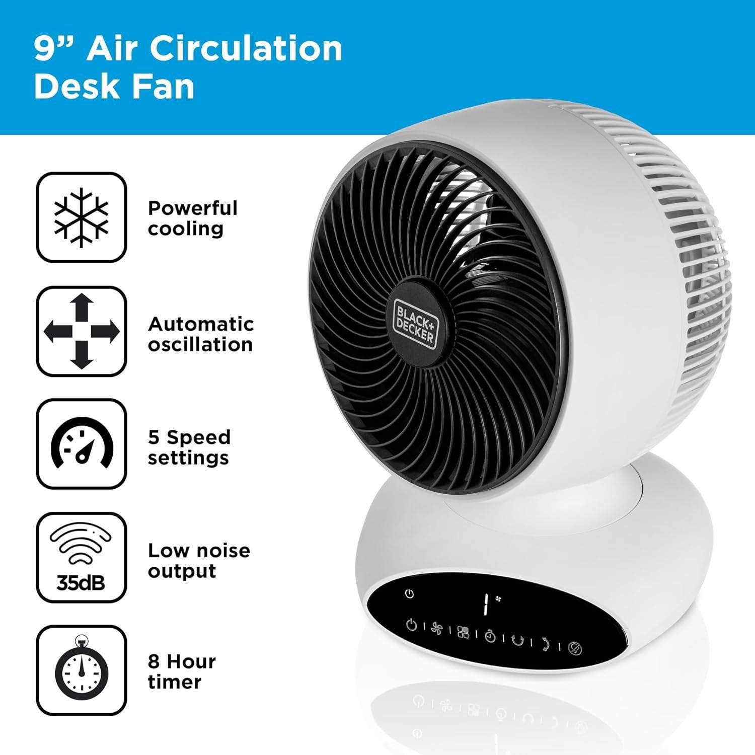 9" Air Circulation Desk Fan White 5-Speed 360° Oscillation Quiet Remote Control
