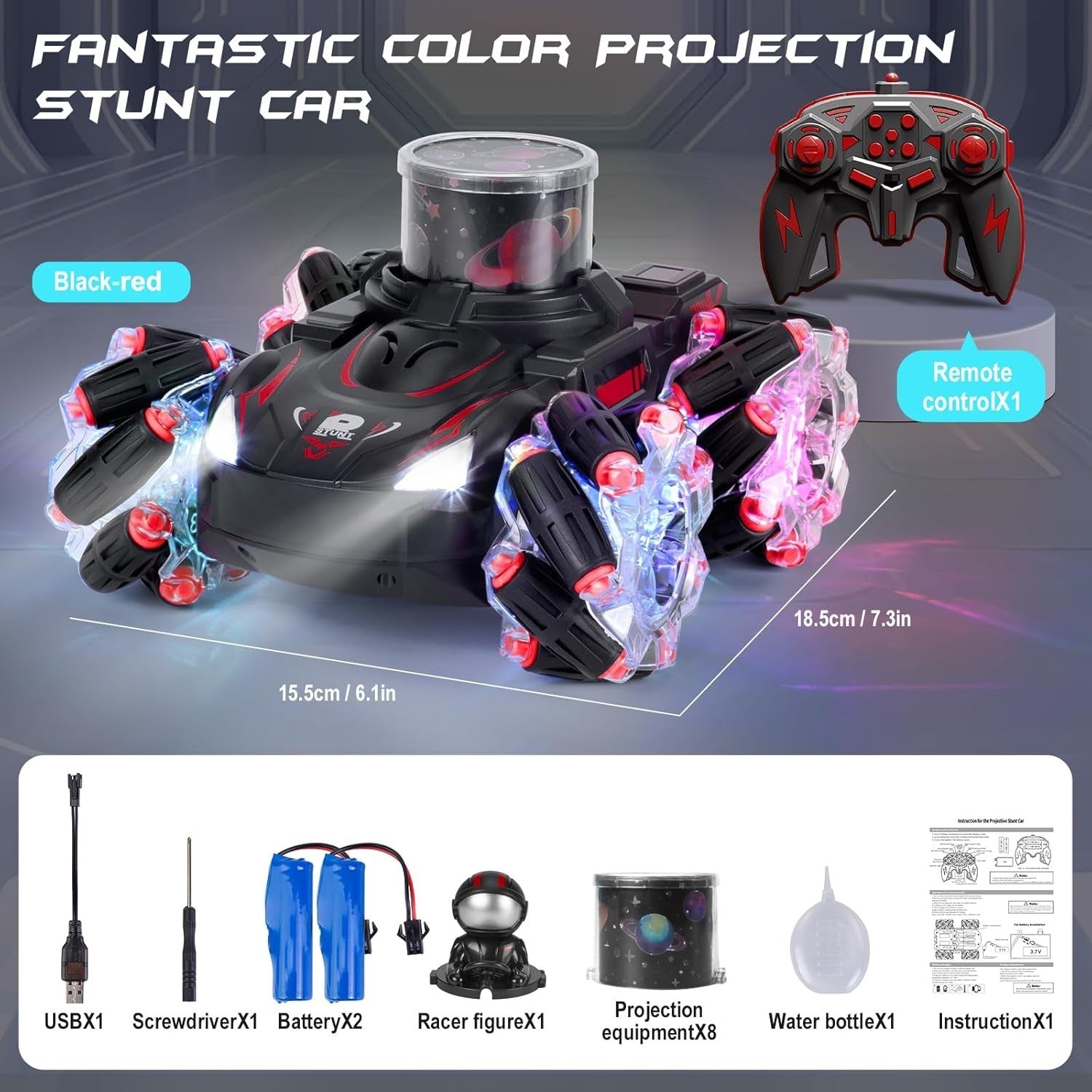 RC Stunt Car with Music, LED Lights, Spray & HD Projection | 360° Rotating