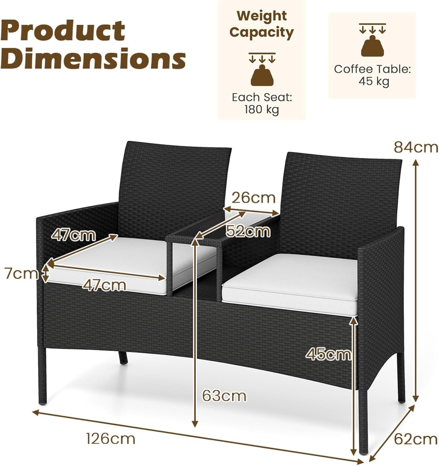 2 Seater Outdoor Rattan Sofa with Glass Table Patio Garden Love Seat Beige
