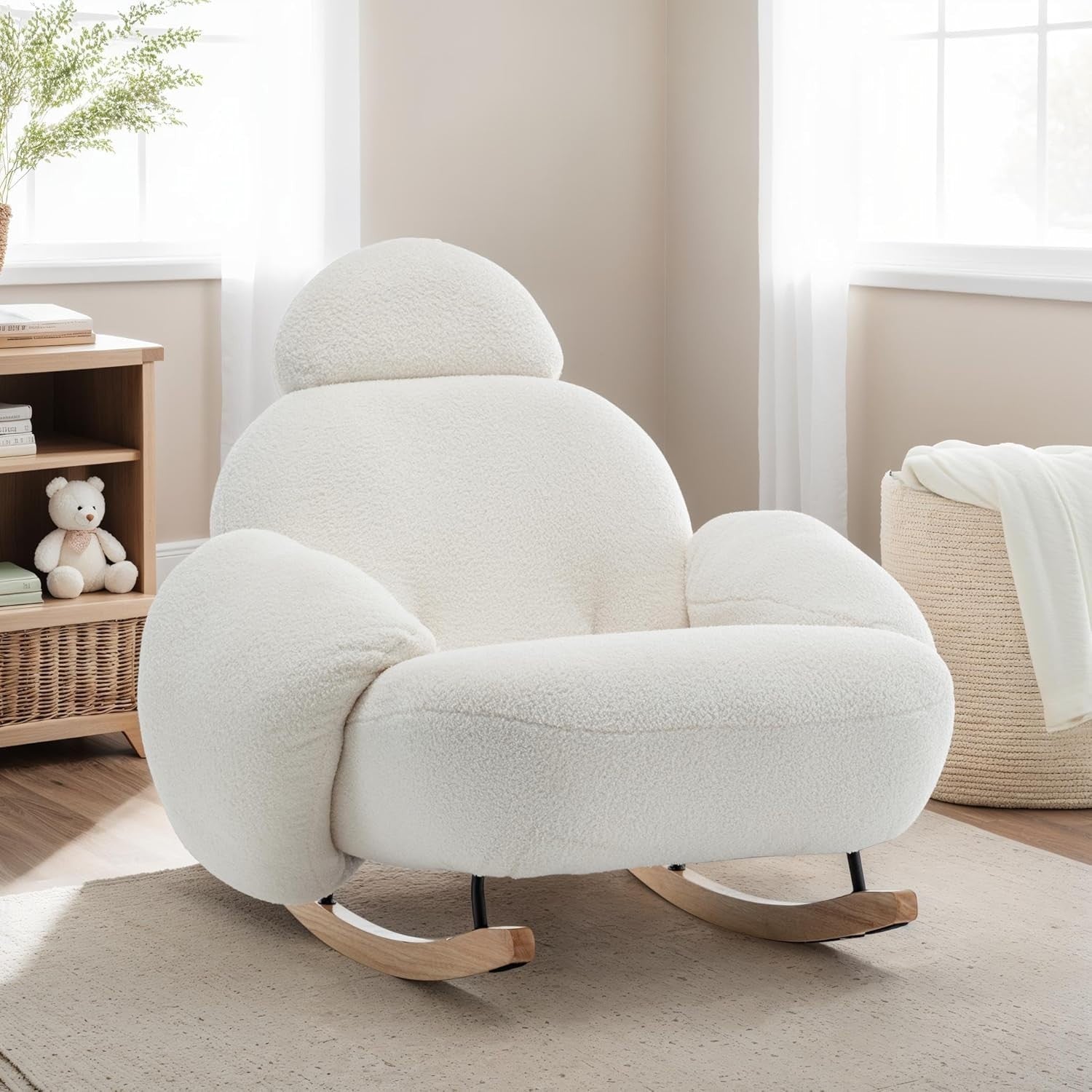 Large White Boucle Rocking Chair with Solid Wood Frame & Plush Comfort