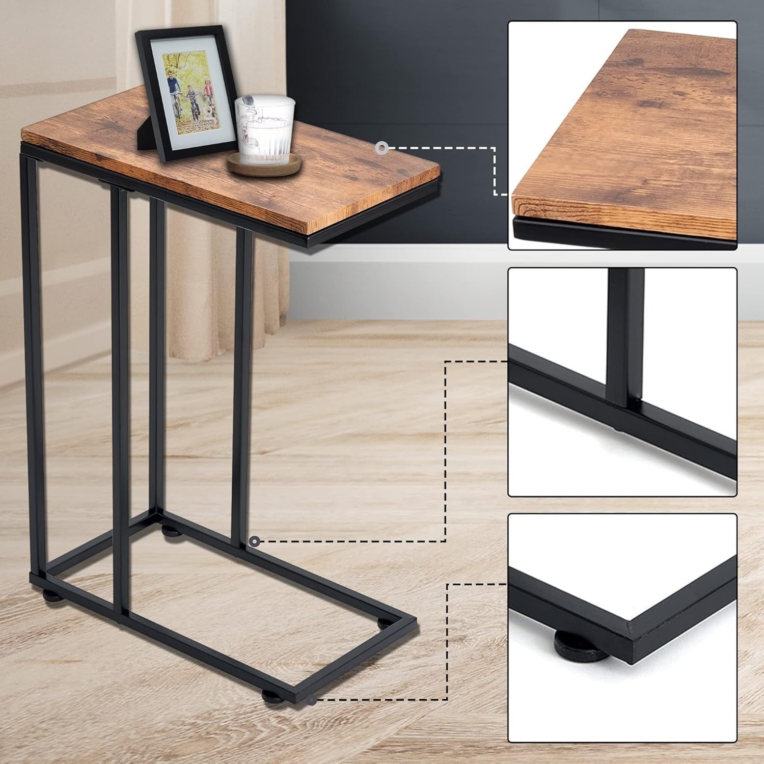 Rustic Wood C Shaped Side Table | Sofa Bed Laptop Snack Coffee Stand