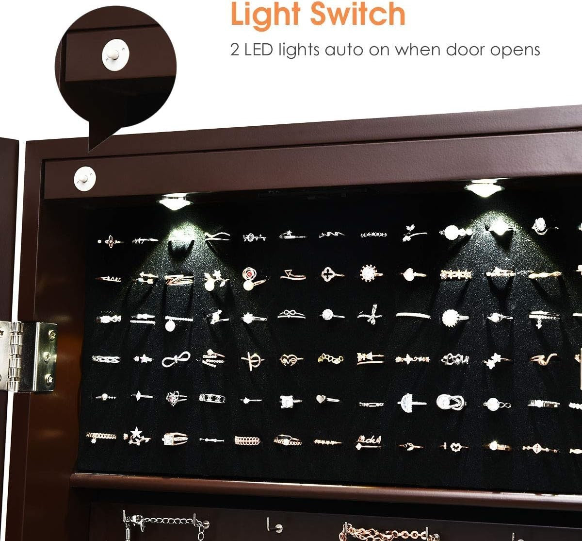 Wall Mount Jewelry Armoire LED Full Length Mirror Lockable Storage Brown