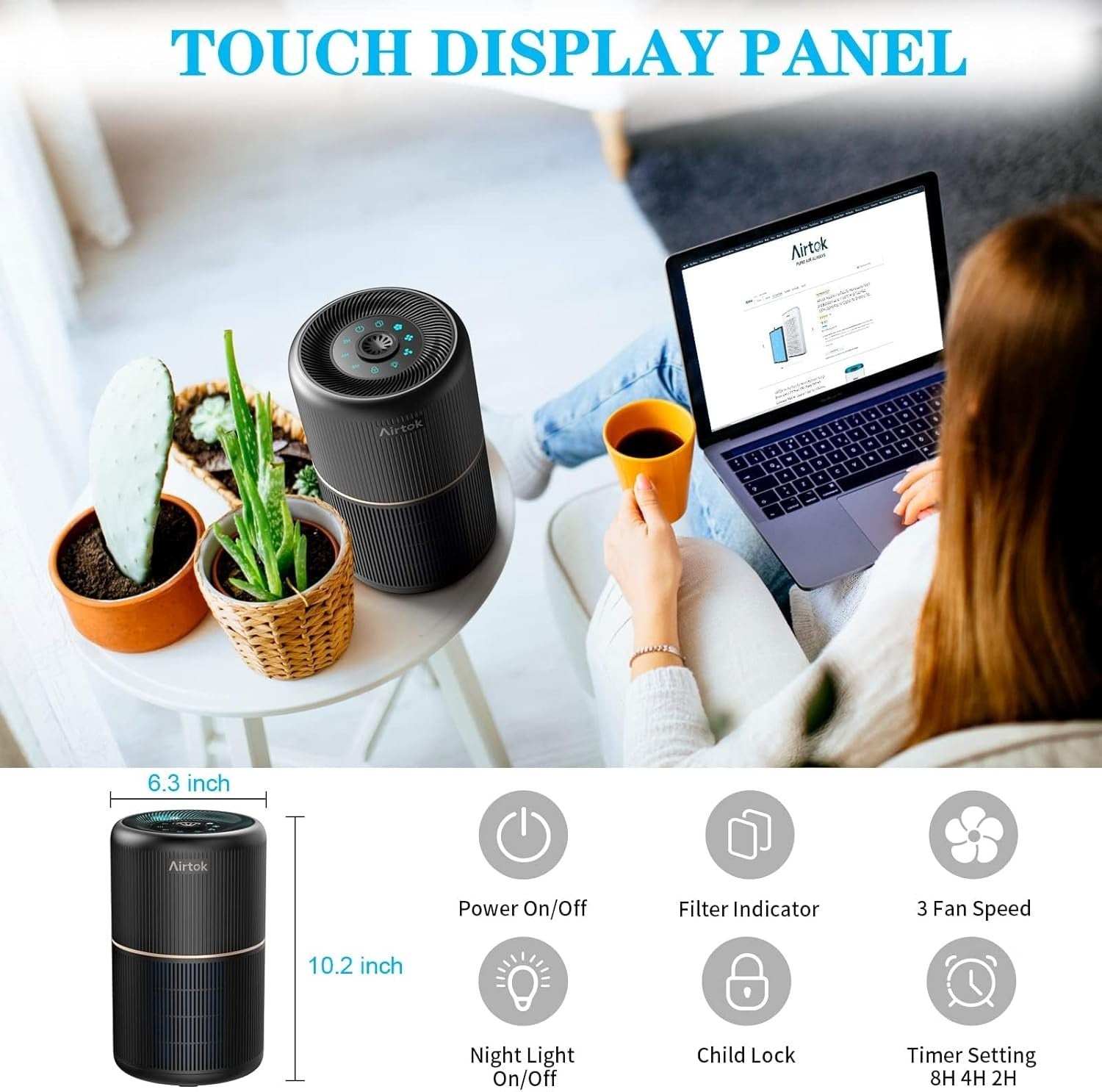 H13 HEPA Air Purifier Bedroom 4-in-1 Smoke Pet Odor Quiet Night