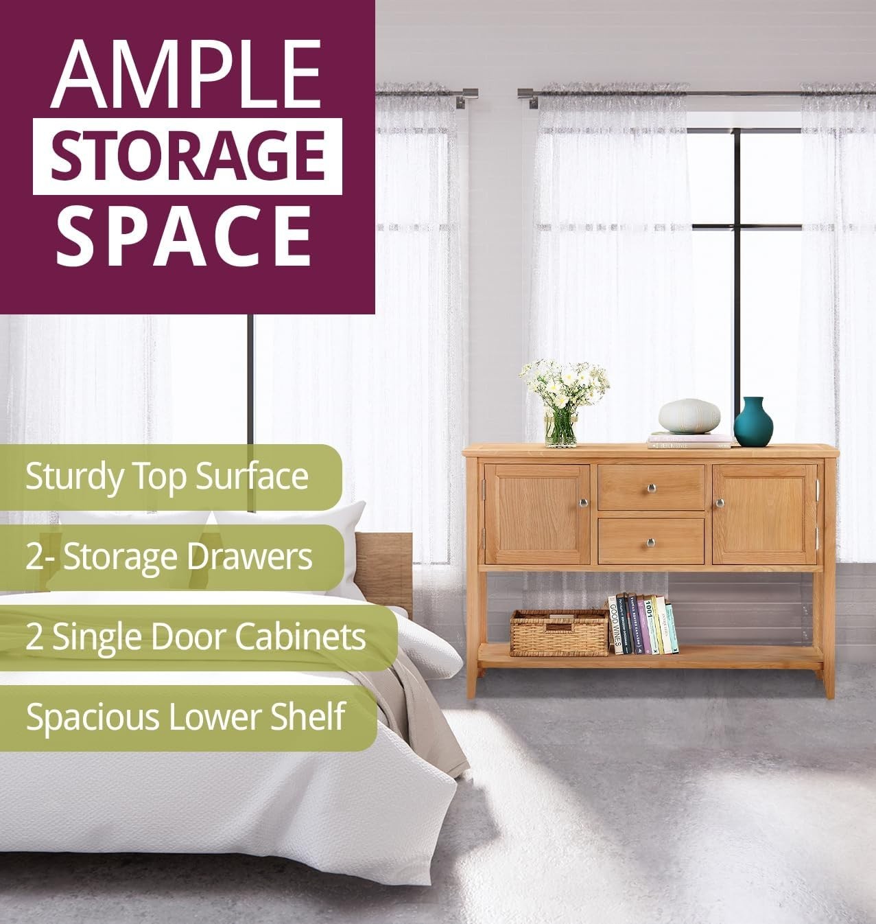Large Solid Oak Console Table with Storage Drawers & Shelf, Durable