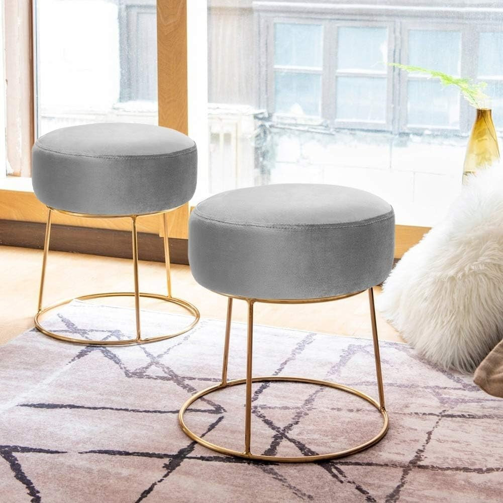 Grey Velvet Round Dressing Table Stool Ottoman Footrest with Metal Base