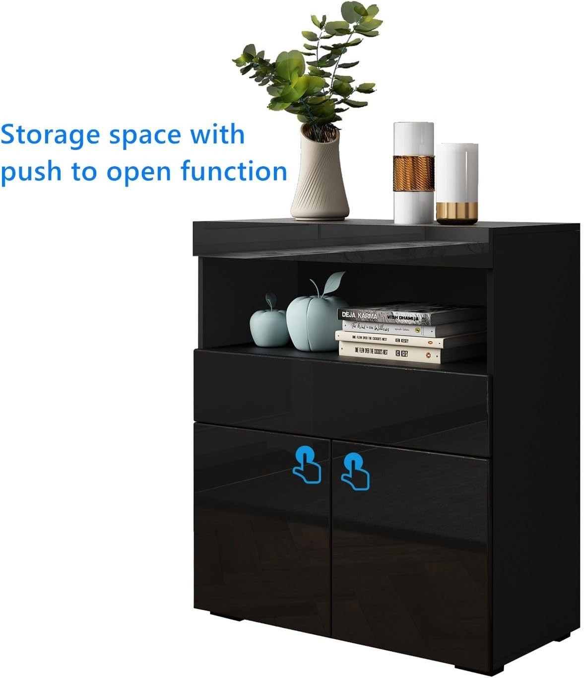 Black LED Sideboard Cabinet Gloss Storage Unit 2 Door 1 Drawer 90cm