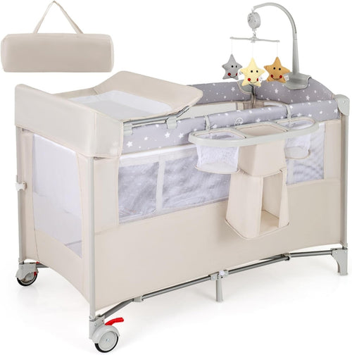 5in1 Baby Travel Cot Foldable Crib with Mattress Basket Changer & Storage Beige