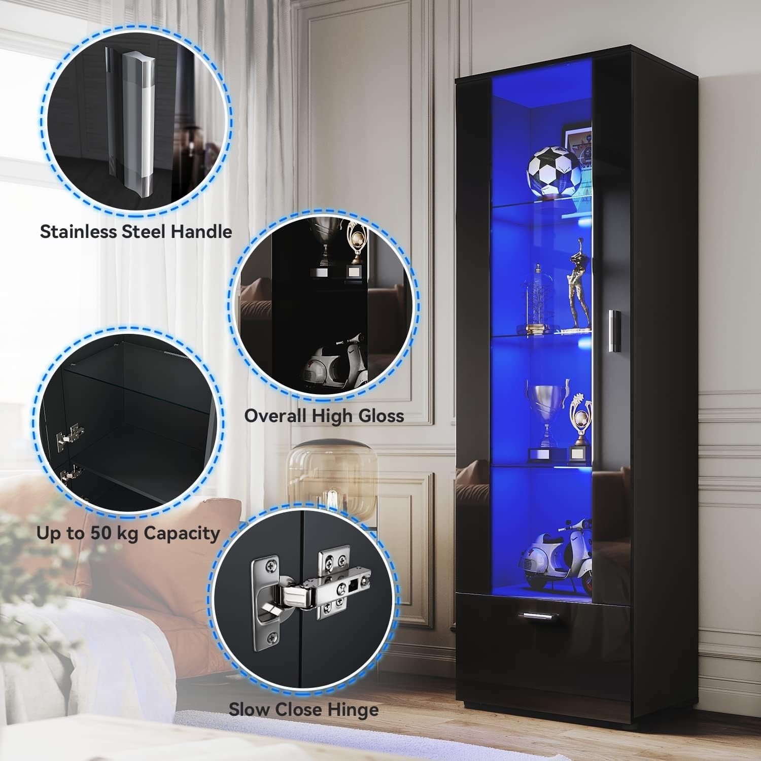 Tall Black Gloss LED Display Cabinet 187cm Modern Showcase Unit with Glass Shelv