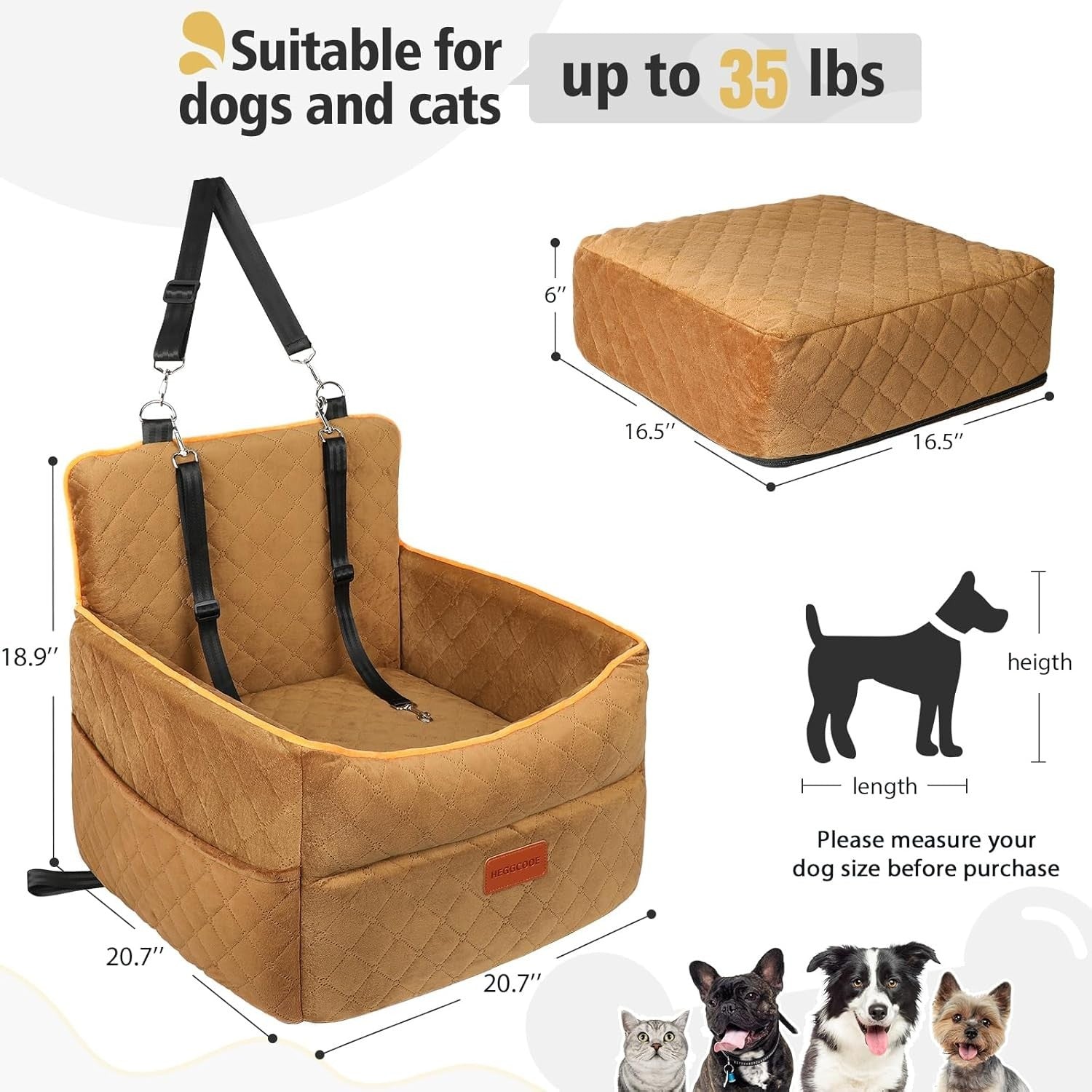 Elevated Dog Car Seat Bed Memory Foam Booster Washable 2 Safety Belts