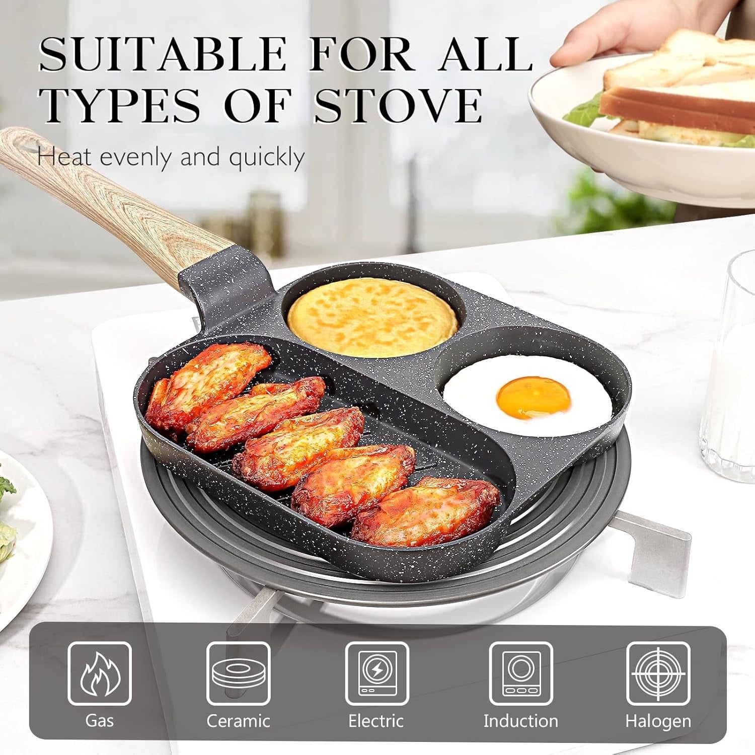 3-Cup Non-Stick Egg Pan Granite Omelette Skillet, Multi-Section Pan Grey