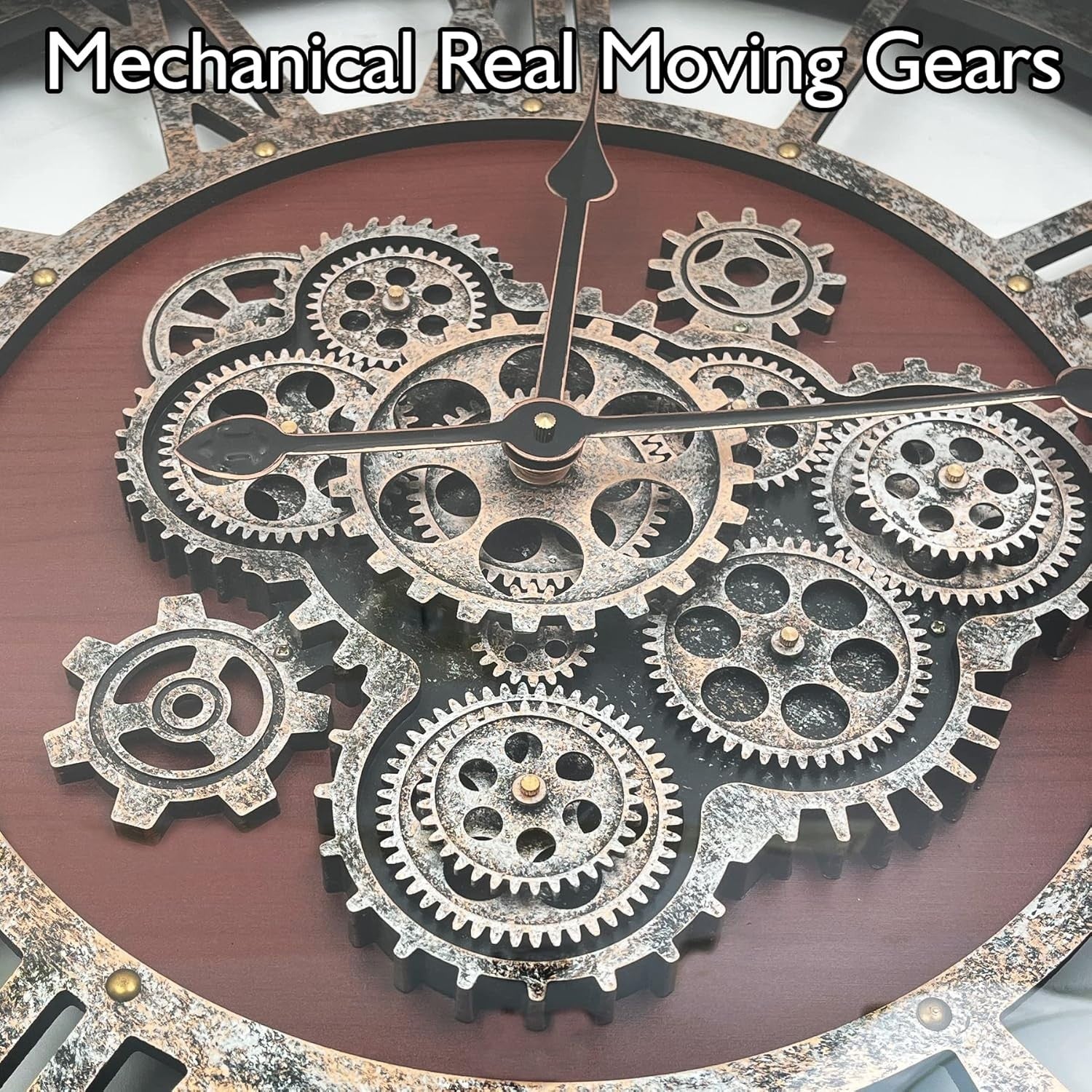 Large Steampunk Wall Clock with Real Moving Gears Rustic Wood Decor