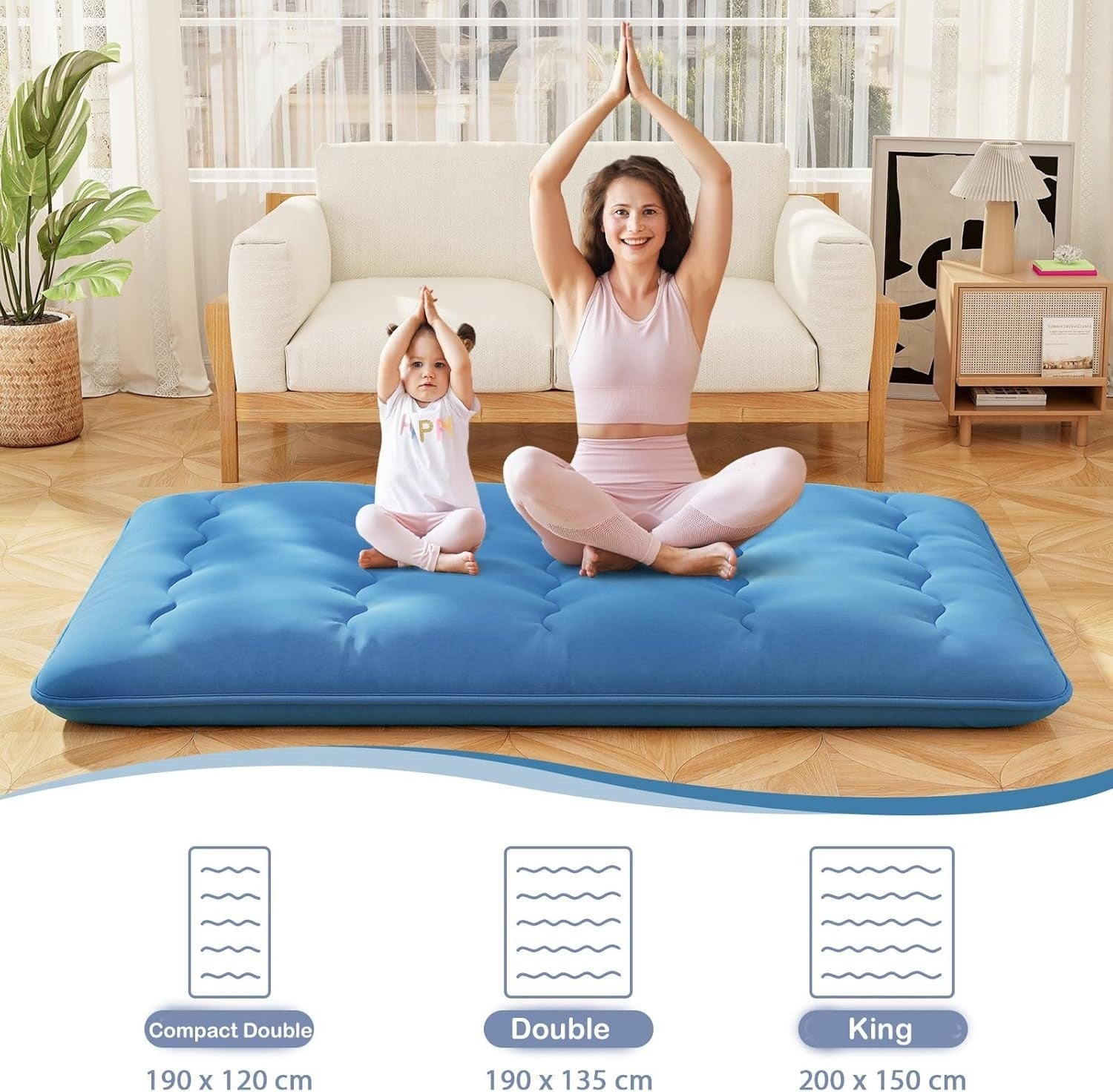 10cm Thick Japanese Floor Mattress Tatami Mat Sleeping Pad King Navy Blue
