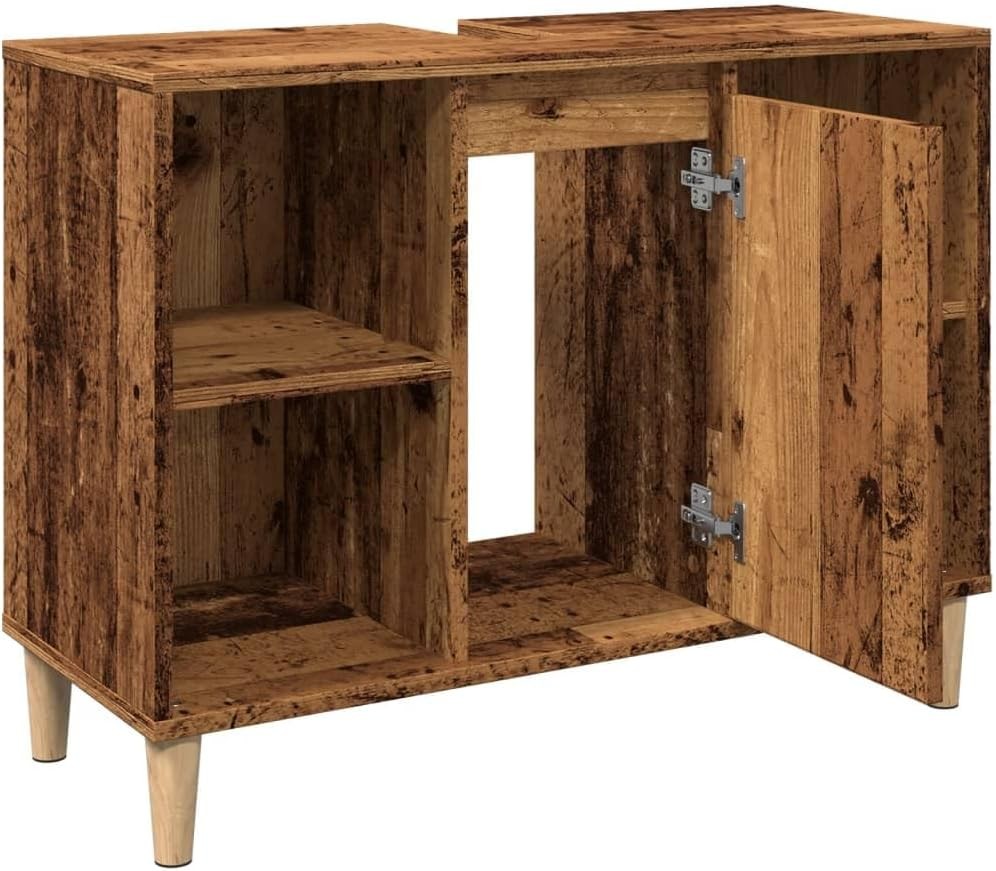 Rustic Old Wood Bathroom Sink Cabinet – Vintage Vanity Unit with Shelves 80cm (S