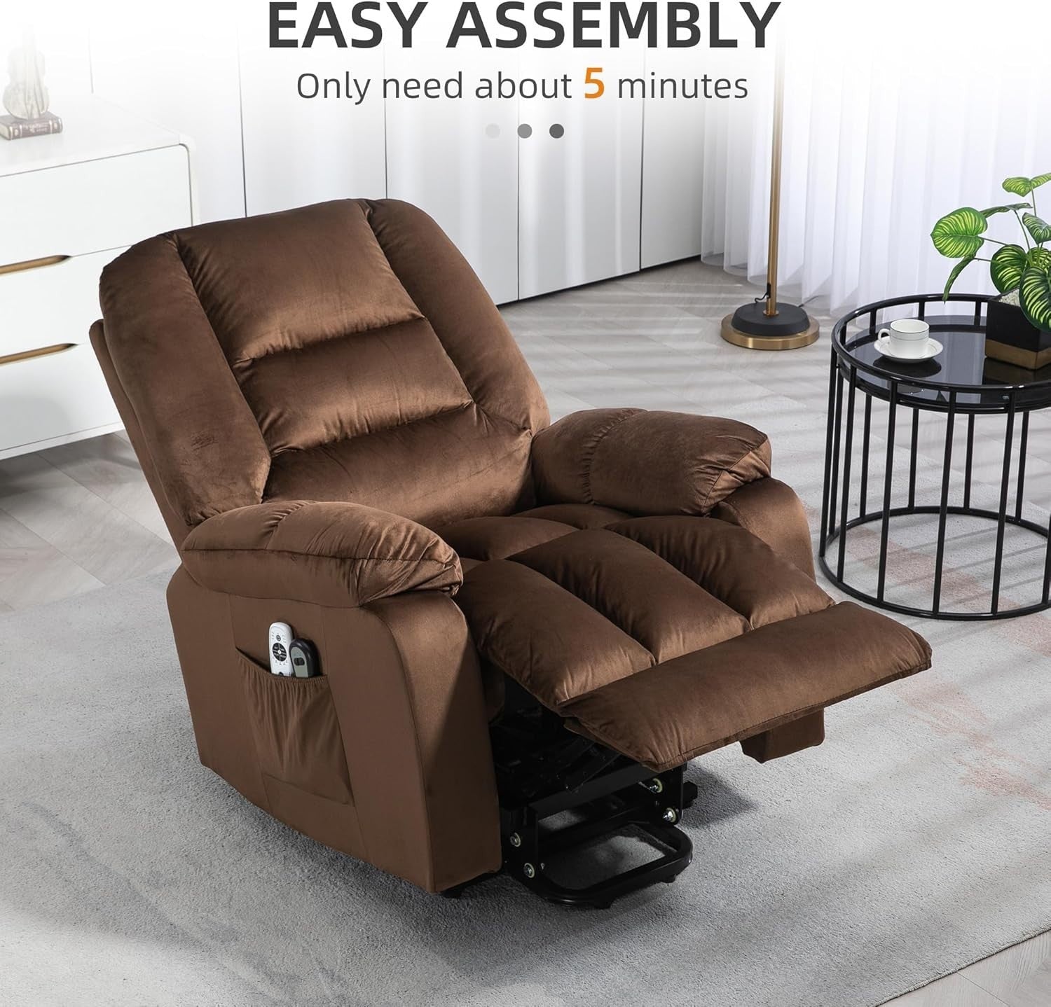 Velvet Lift Recliner Chair Massage Heat Riser Armchair for Elderly Brown