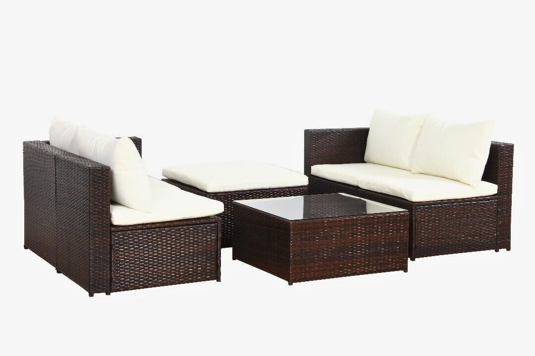 Rattan Garden Corner Sofa Set 5 Seat Patio Furniture w/ Cushions & Table