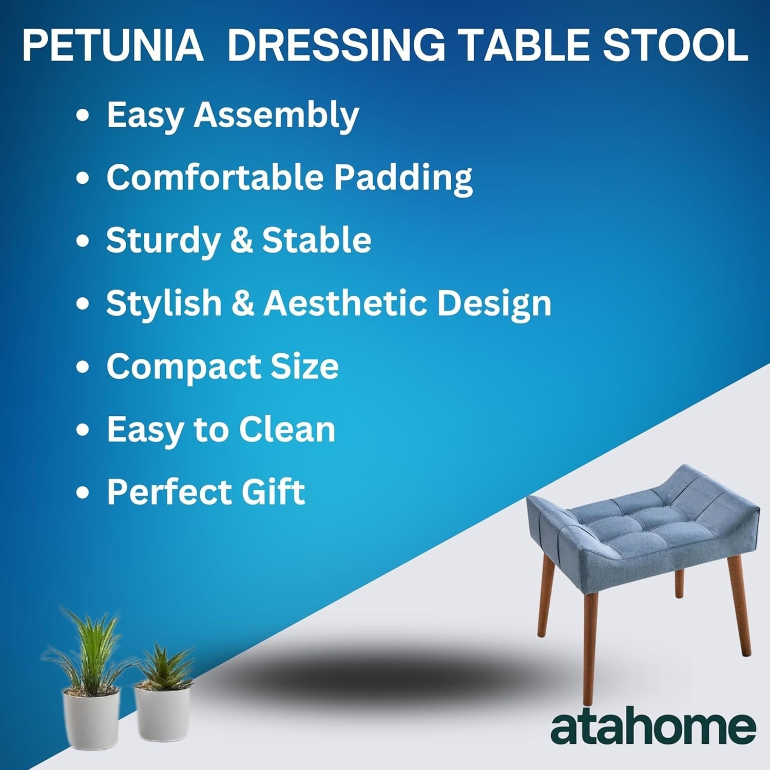 Blue Padded Dressing Table Stool Modern Vanity Makeup Chair Bedroom