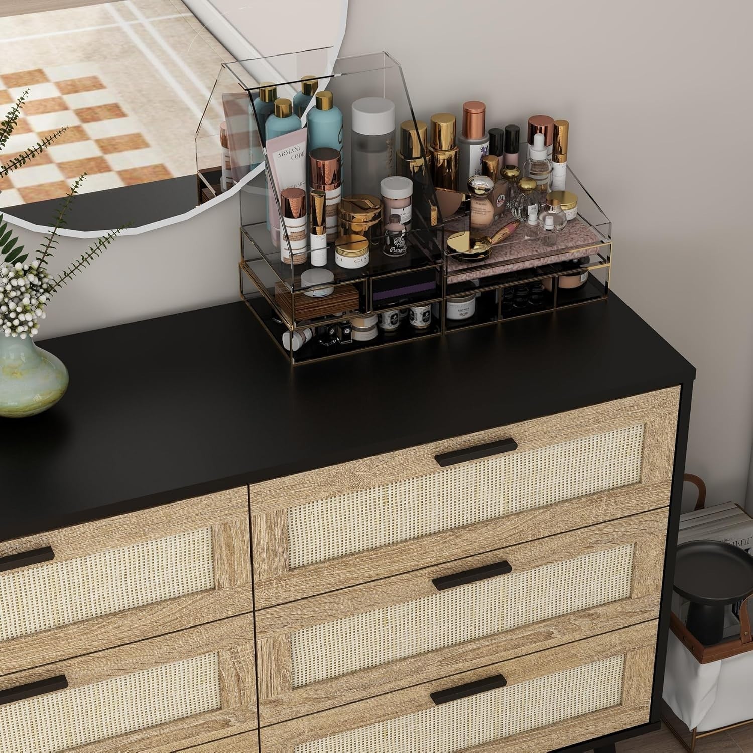 Black Rattan Chest of Drawers 6 Drawer Storage Cabinet for Bedroom