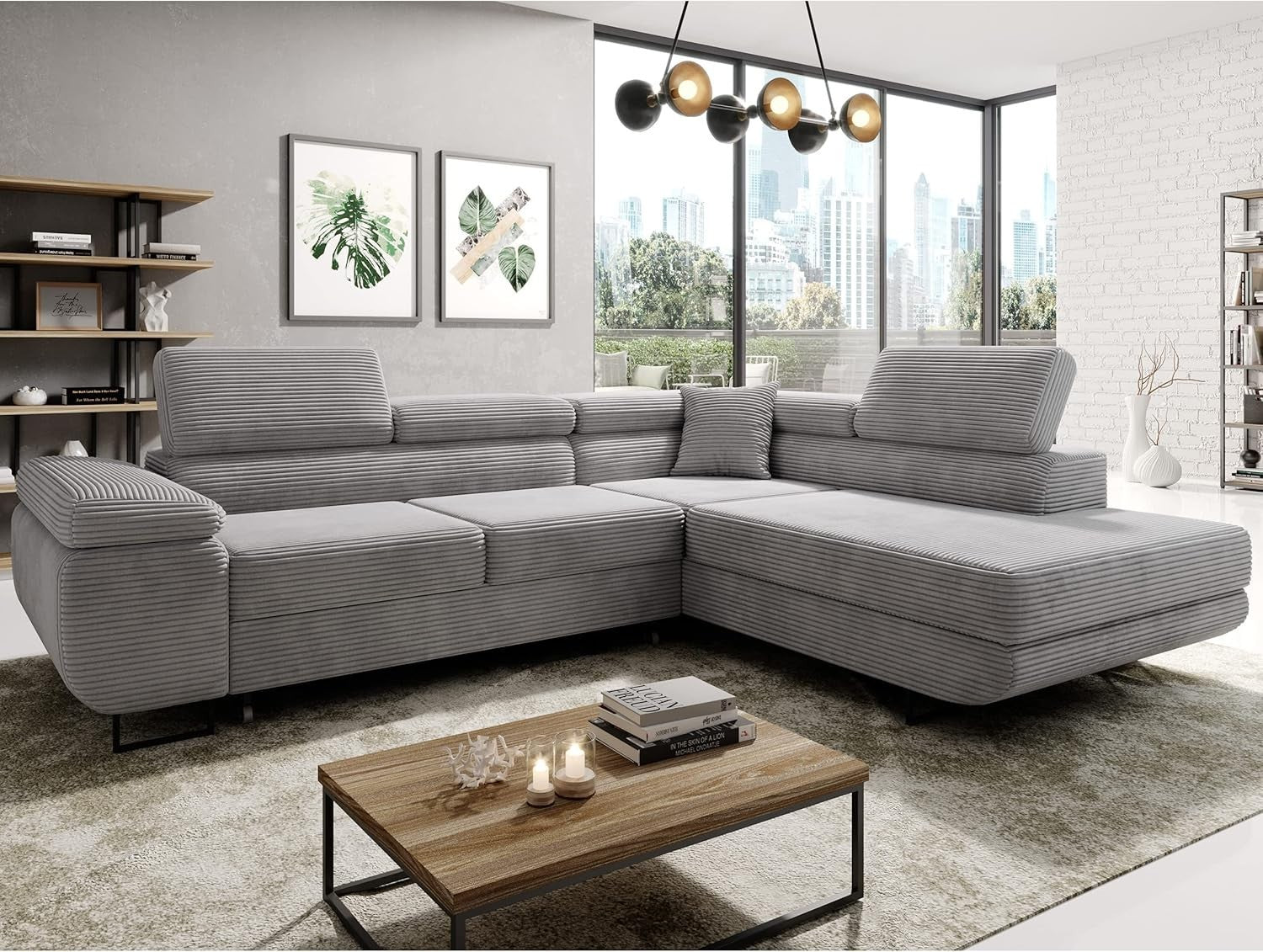 Corner Sofa Bed with Storage Beige Cord L Shape 277x203cm 3 Seater