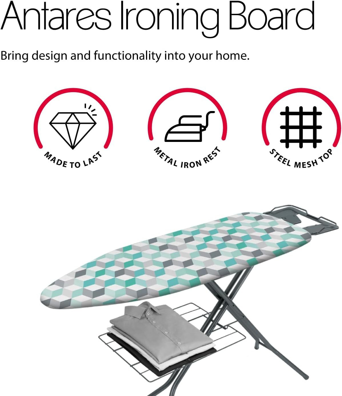 Height Adjustable Ironing Board with Iron Rest Shelf 114x38cm Large
