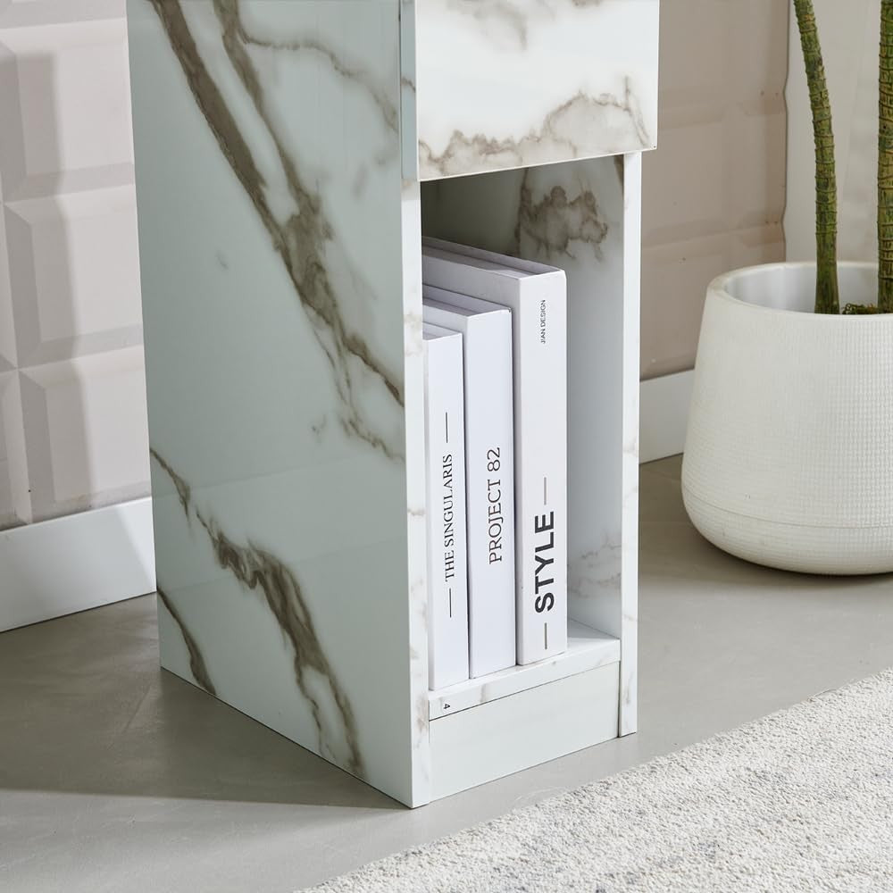 White Marble High Gloss Slim Bedside Table with Drawer & Shelf for Small Spaces