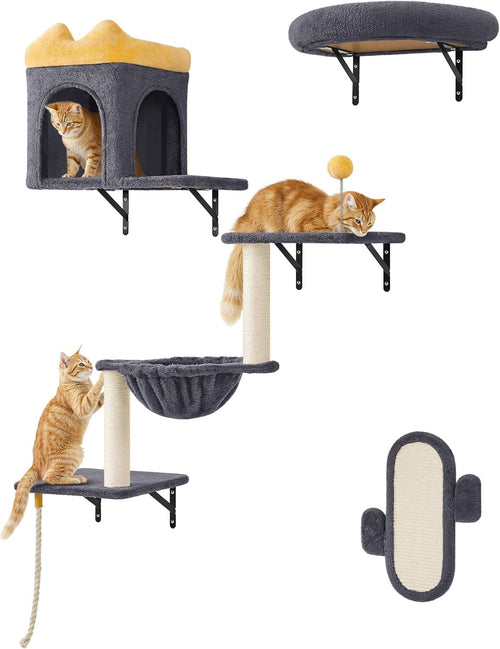 Wall Mounted Cat Shelves Climbing Set with Scratching Posts Perches Dark Grey