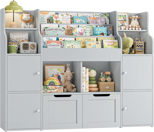 3-Tier Kids Toy Storage Unit with Drawers & Doors, Bookshelf 122x30x100cm