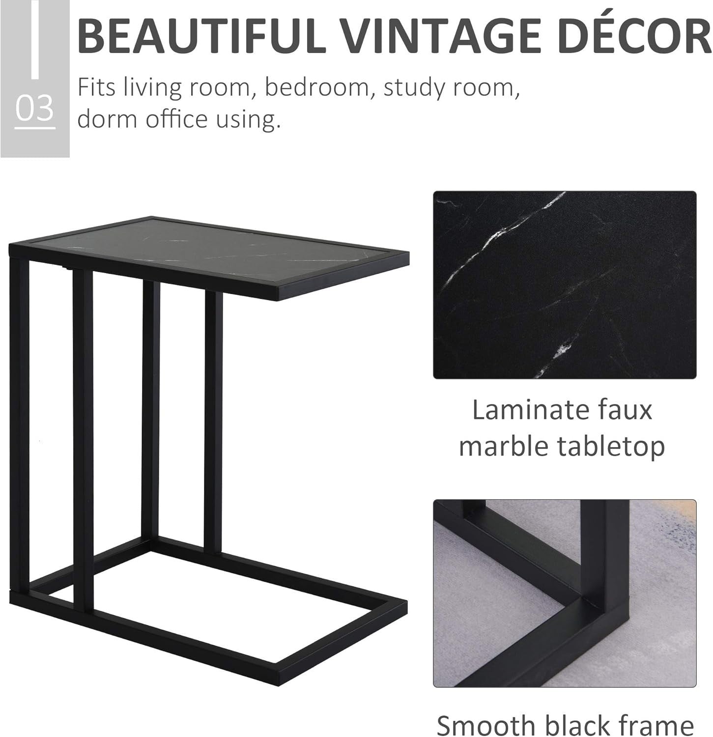 C Shape Side Table Black Marble | Slim Metal Frame Sofa Snack Coffee Stand