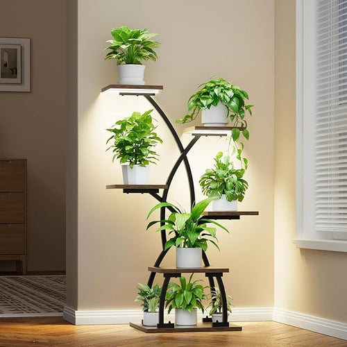 6 Tier Metal Plant Stand with Grow Lights Indoor Curved Flower Shelf for Home