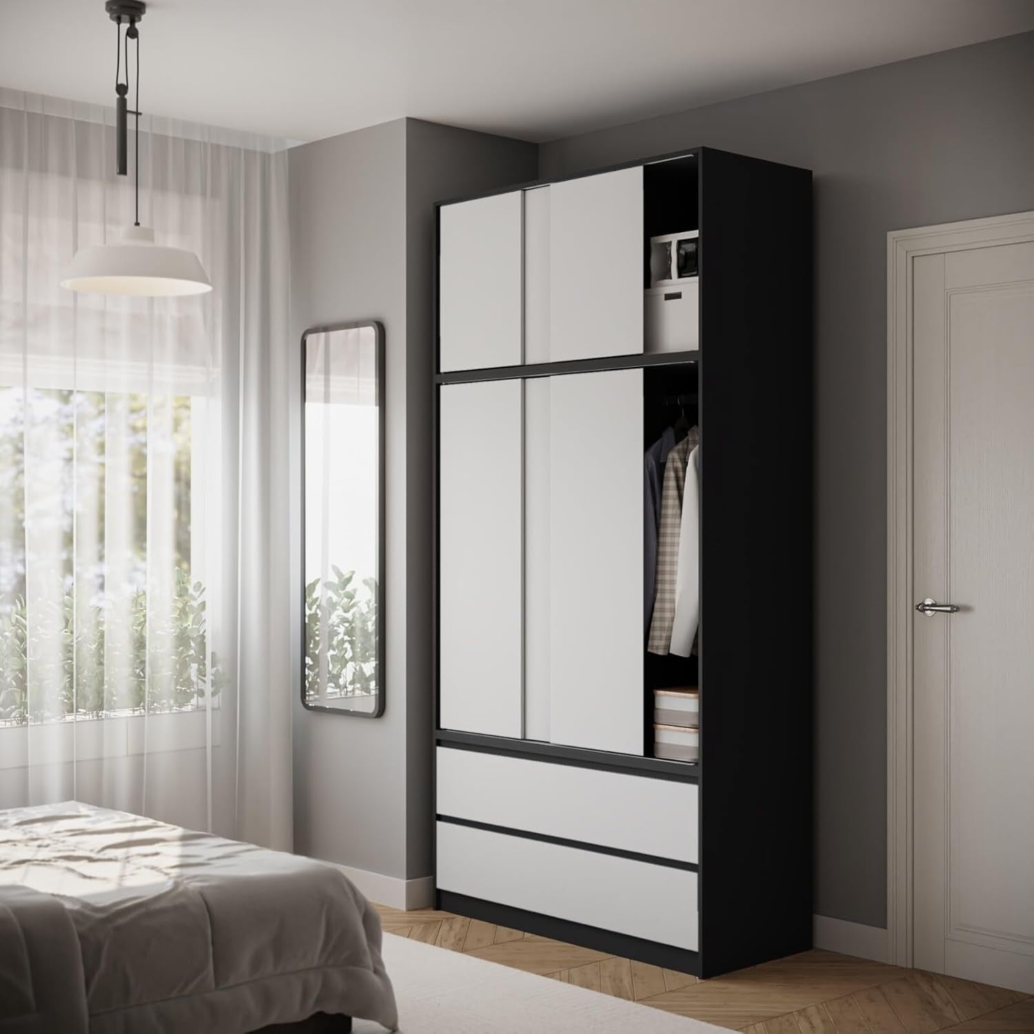 White Sliding Door Wardrobe 6 Doors 4 Drawers 240cm Modern Bedroom Closet
